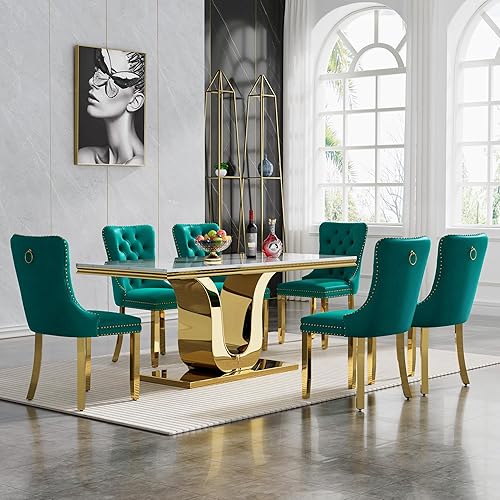 Miniatura 25 de Juego de mesa de comedor de mármol sintético blanco plateado de 70 pulgadas para 4, 5 piezas rectangulares de cocina con base de acero inoxidable en