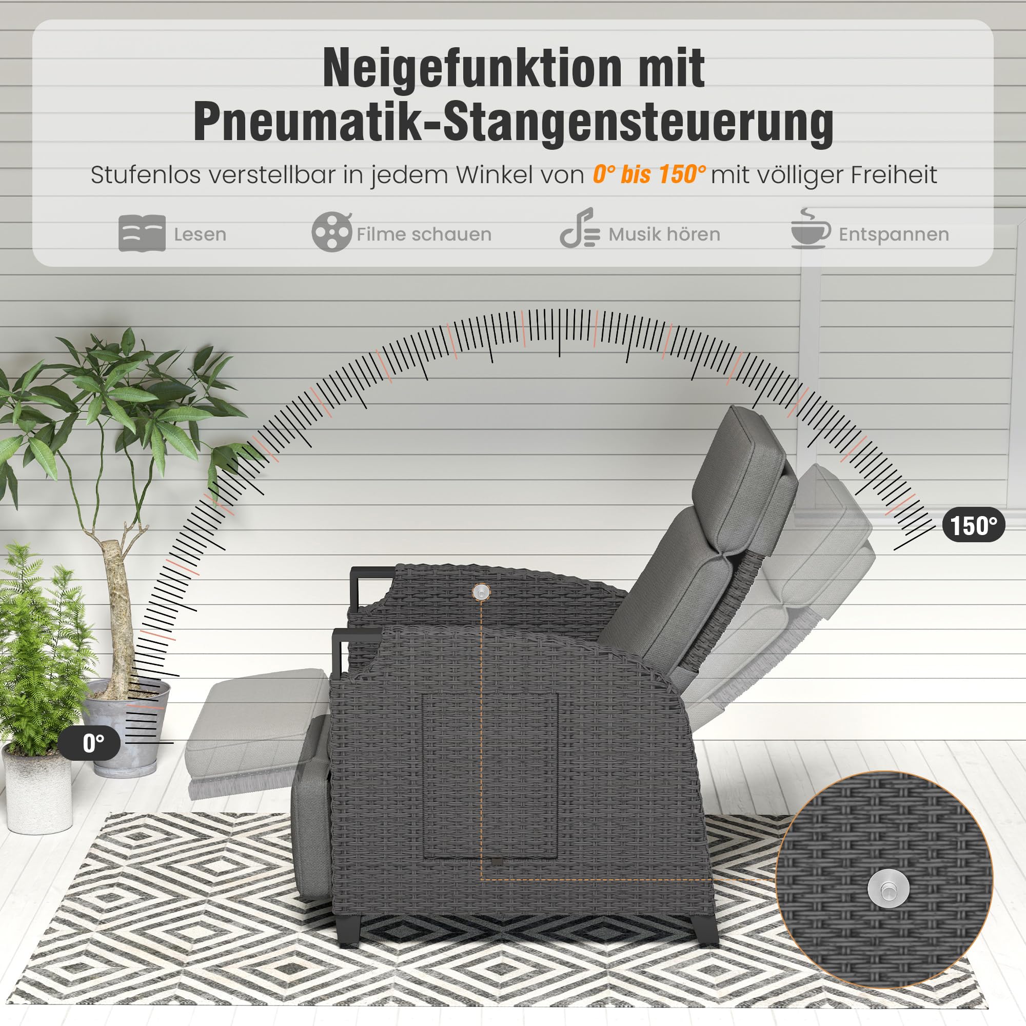 Amopatio Relaxliege Liegesessel, Rattan Sonnenliege mit Verstellbar Rückenlehne und Klapptisch, Outdoor Gartensessel wetterfestes, für Terrasse, Garten, Balkon – Grau