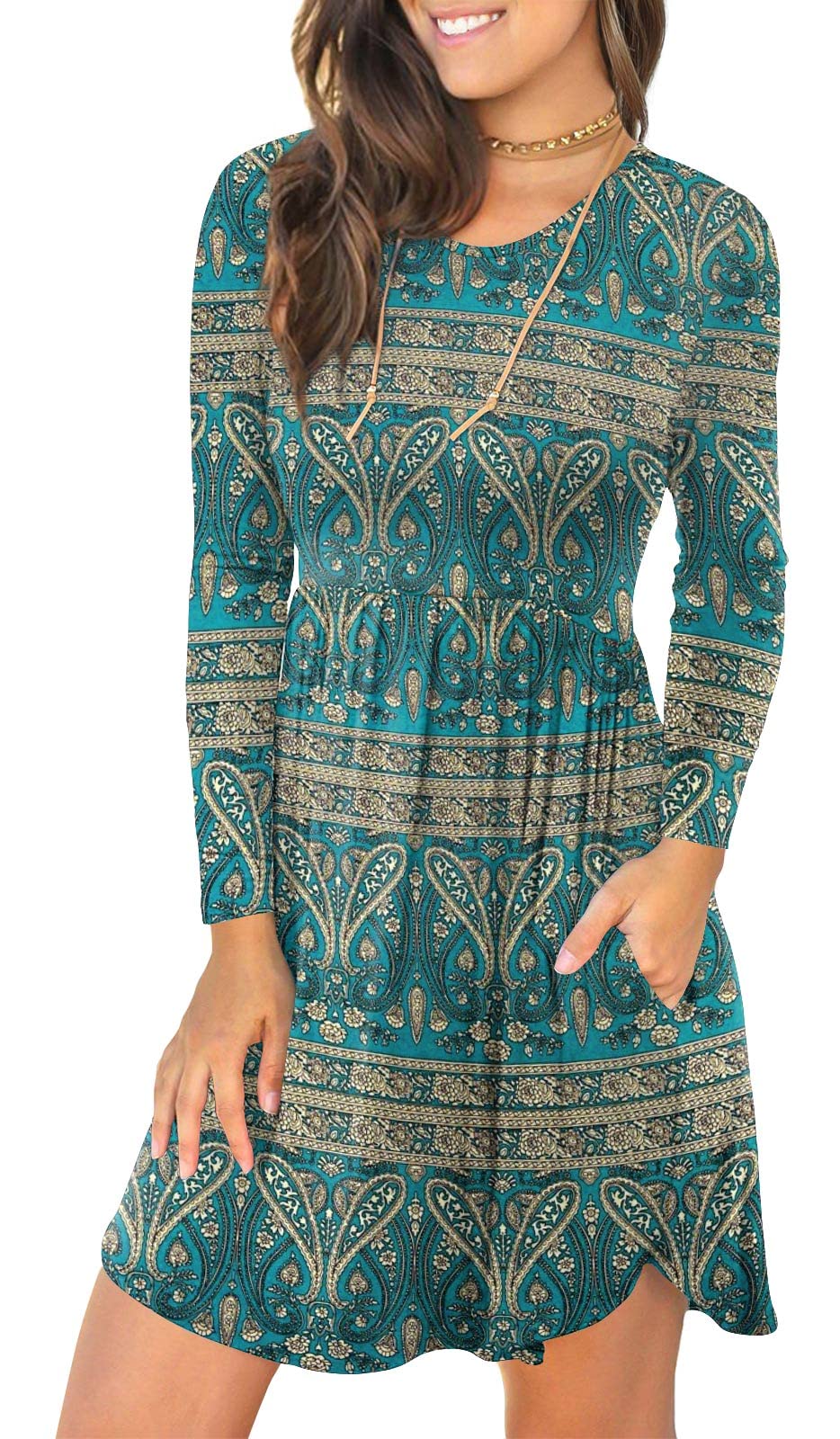 LONGYUAN Womens Long Sleeve Dresses Casual Loose Fit Swing Dress Hide Belly with Pockets