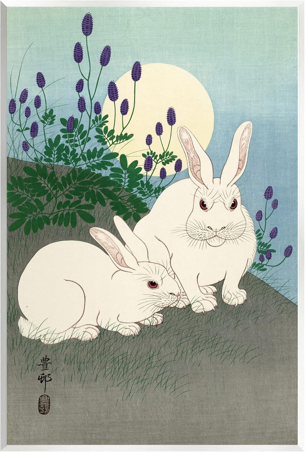 Stupell Industries Konijnen bij Volle Maan Ohara Koson Classic Rabbit Painting Wood Wall Art, Design By one1000paintings Wall Plaque 13L" x 0.5W"