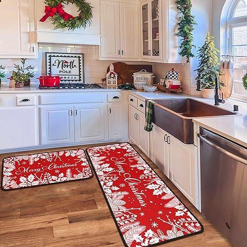 Miniatura 3 de Juego de 2 alfombras y tapetes de cocina de Navidad rojos, decoraciones navideñas para el hogar, tapete de cocina navideño, decoración de Feliz