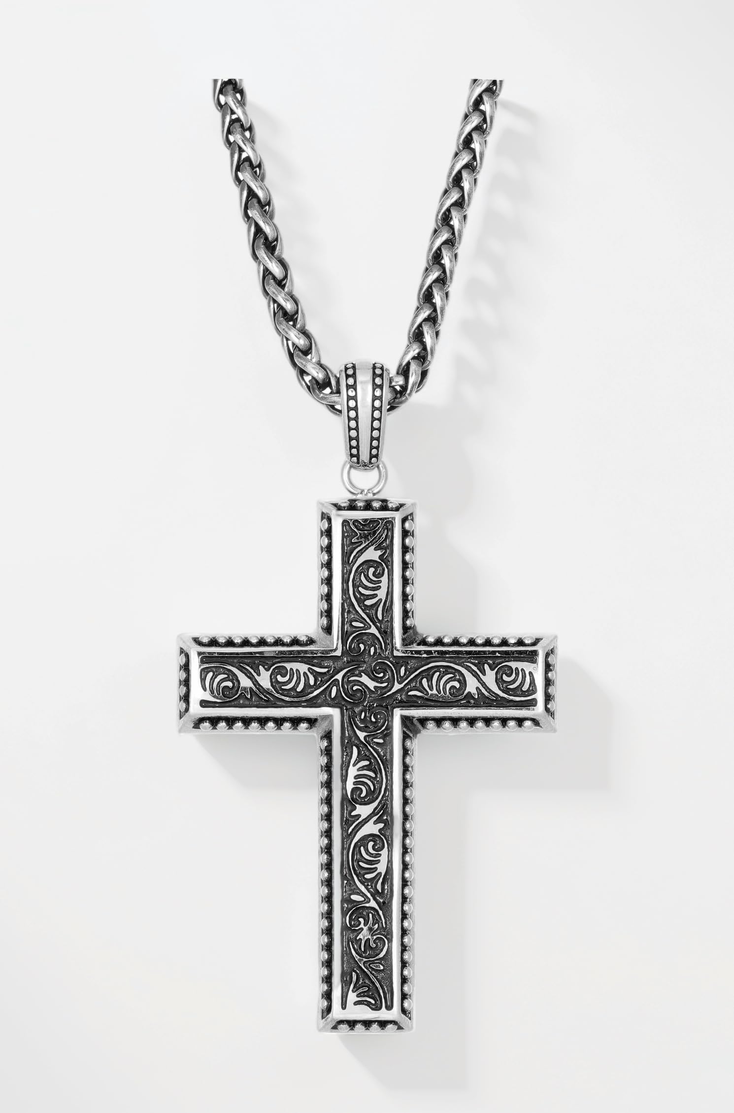 Mens Stainless Steel Antique Finish Cross On 24" Wheat Chain