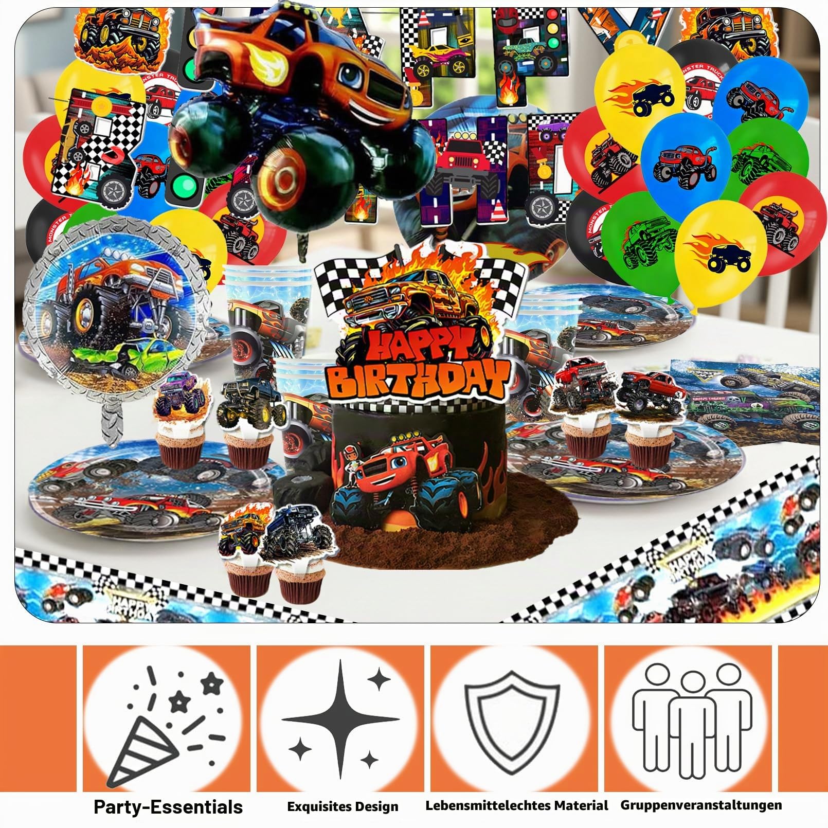 88 Stück Geburtstagsdeko, Monster Truk Partygeschirr Set, Geburtstags Deko, Monster Truk Kuchen Deko, Geburtstags Tischdeko