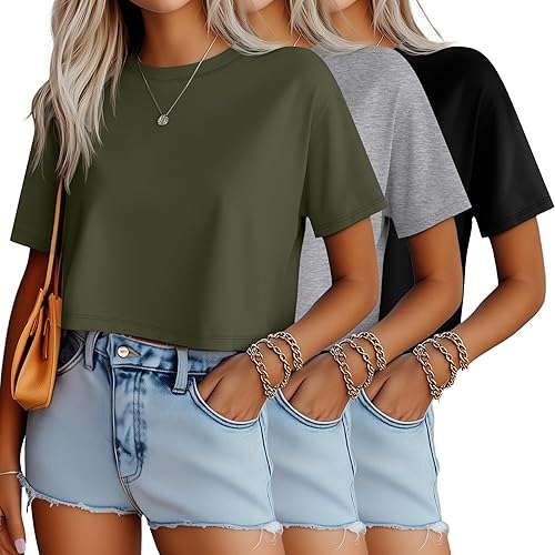 Ficerd 3 Pack Women Crop Tops Half Sleeve Cropped T Shirts Casual Crew Neck Drop Shoulder Loose Summer Solid Color
