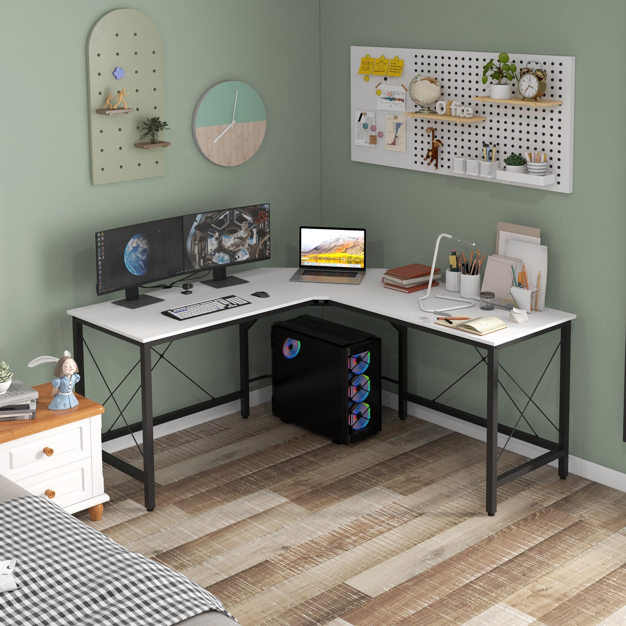 HOMCOM Scrivania a L Scrivania moderna ad angolo con struttura in acciaio Portata 70 kg per ufficio casa studio 150x150x76 cm Bianco