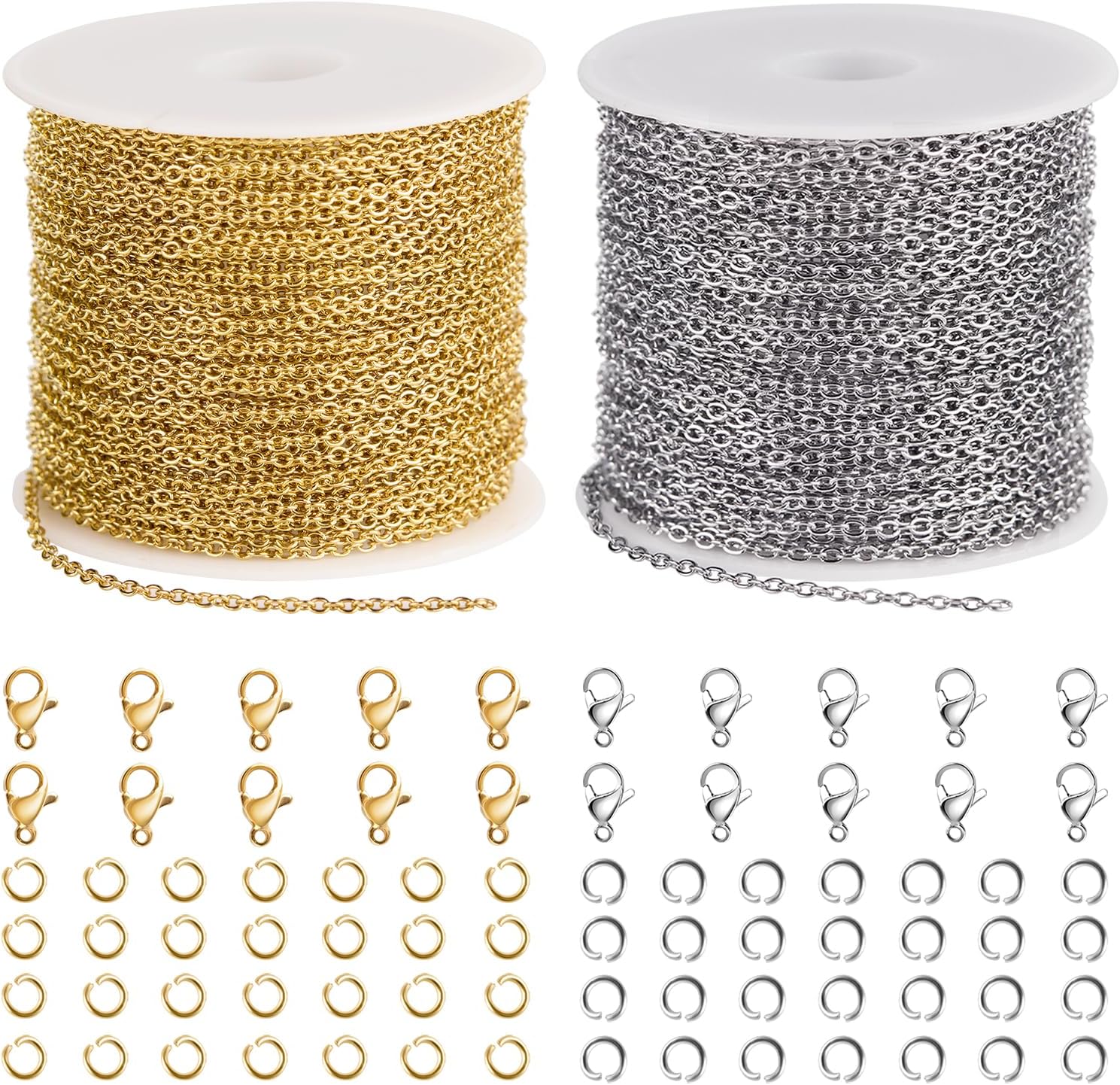UMAOKANG 2 Rolls 65.6 Feet Chain for Jewelry Making Stainless Steel Cross Chains Bulk with Jump Rings and Lobster Clasps