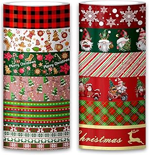 12 Rolls Christmas Washi Tape Decorative Holiday Masking Paper Tape for Gift Wrapping, Scrapbook Journal Arts & Crafts with Gnome Truck Tree Snowflake Gingerbread Man Red Plaid Patterns