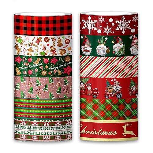 TREWAVE 12 rollos de cinta decorativa de papel de enmascaramiento navideño para envolver regalos diario de recortes arte y manualidades con gnomo