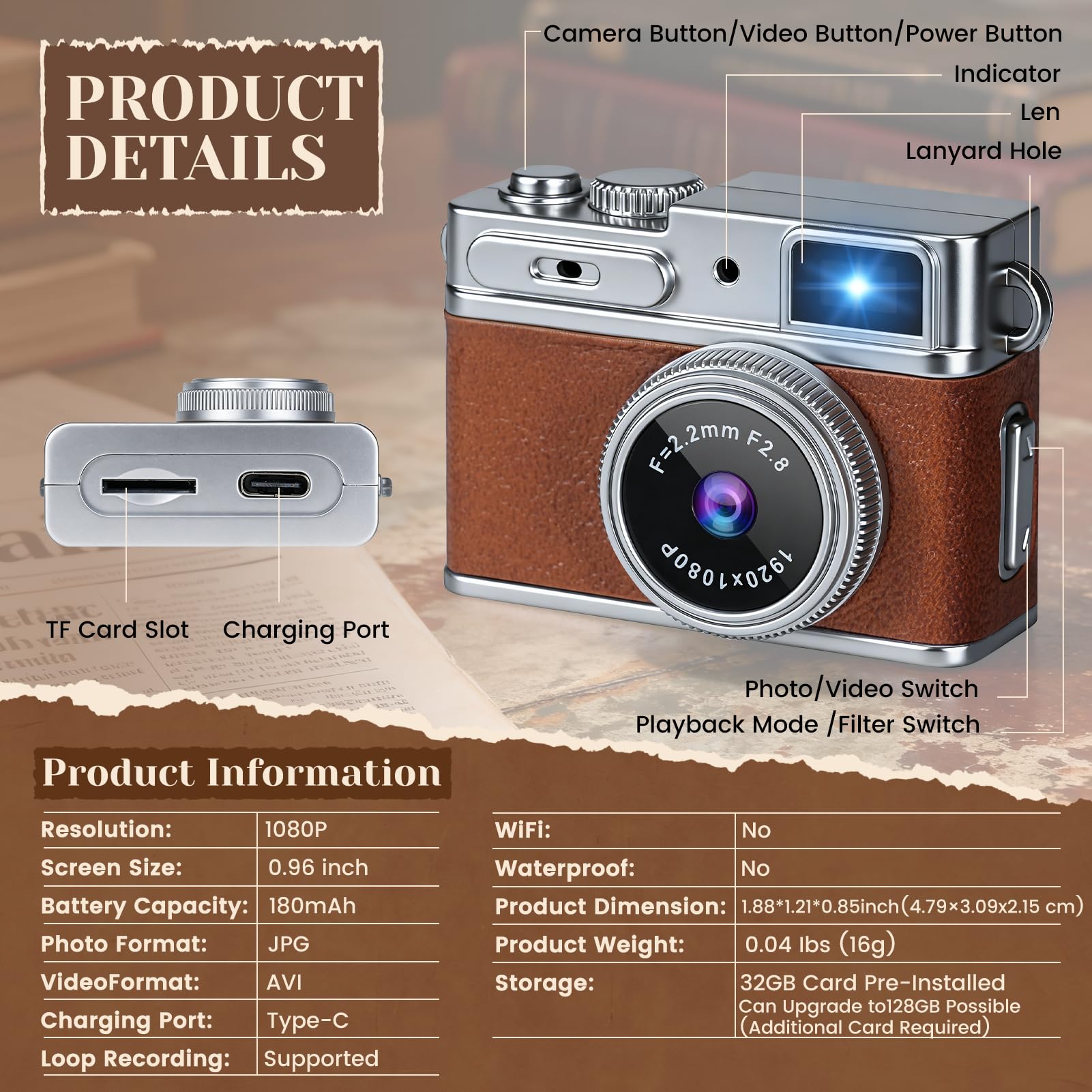 Mini cámara con llavero – Mini cámara digital retro HD de 1080p, compacta retro con tarjeta SD de 32 GB, pantalla HD de 0.96 pulgadas, grabadora de video portátil de bolsillo para grabación de fotos