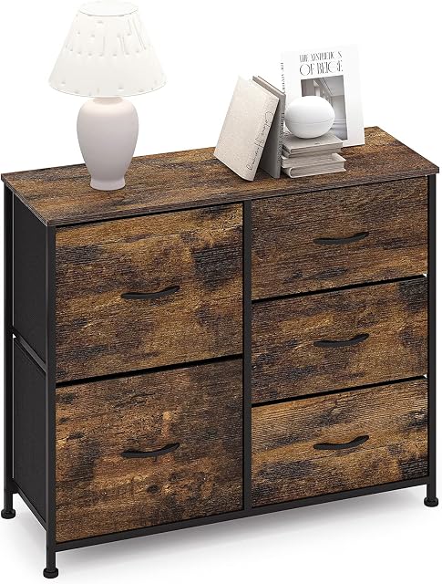 Storage Floor Cabinet with 5 Drawers Wide Chest of Drawers Vintage Sideboard Cupboard Storage Unit Dresser Organiser for Living Room Bedroom Hallway Kitchen Office Wooden + Steel Brown + Black