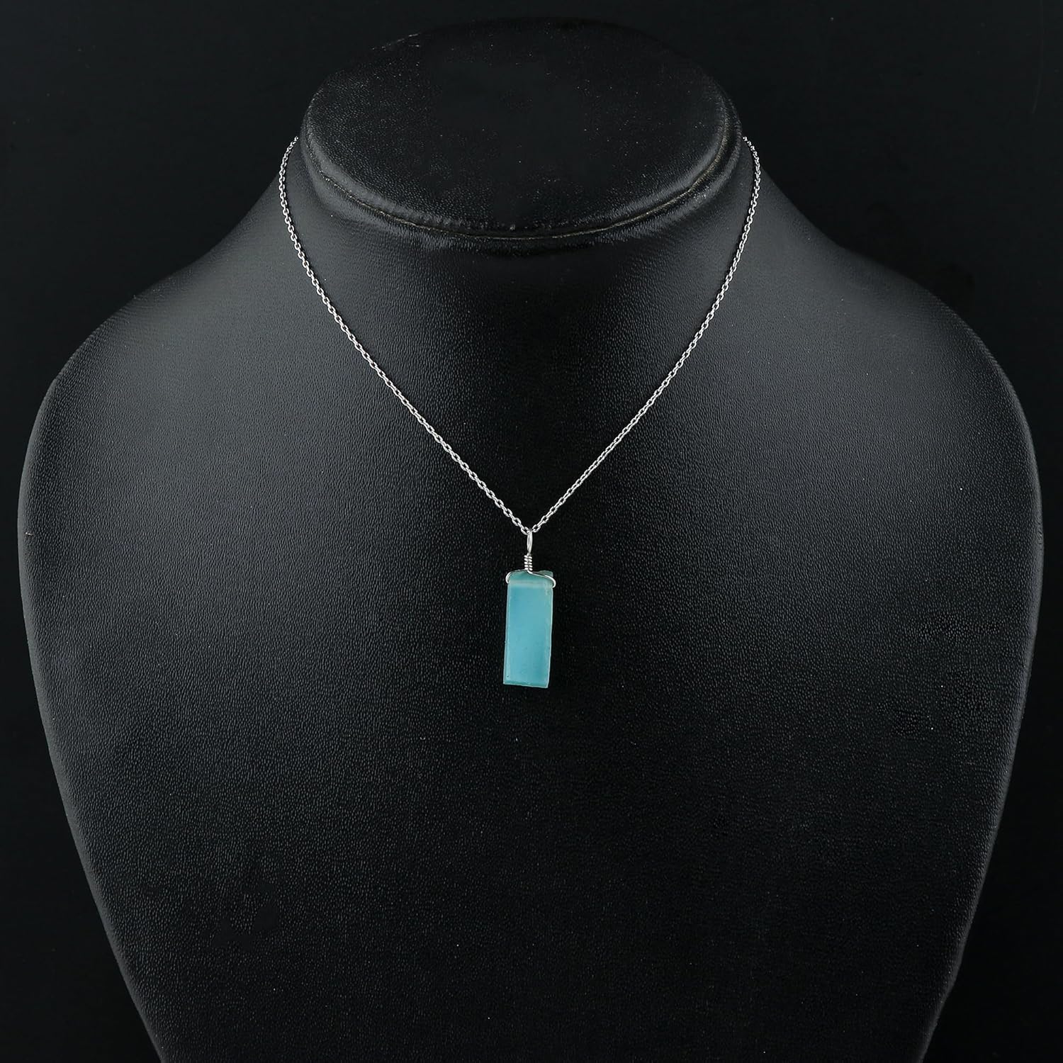 CRYSTALIS Natural Aqua Chalcedony Raw Crystal Pendant Necklace, Flat Bar Rough Crystal, Chakra Healing Stone, Gift Giving Women Jewelry, Dainty Rhodium 925 Sterling Silver Chain 18 inch - Image 5