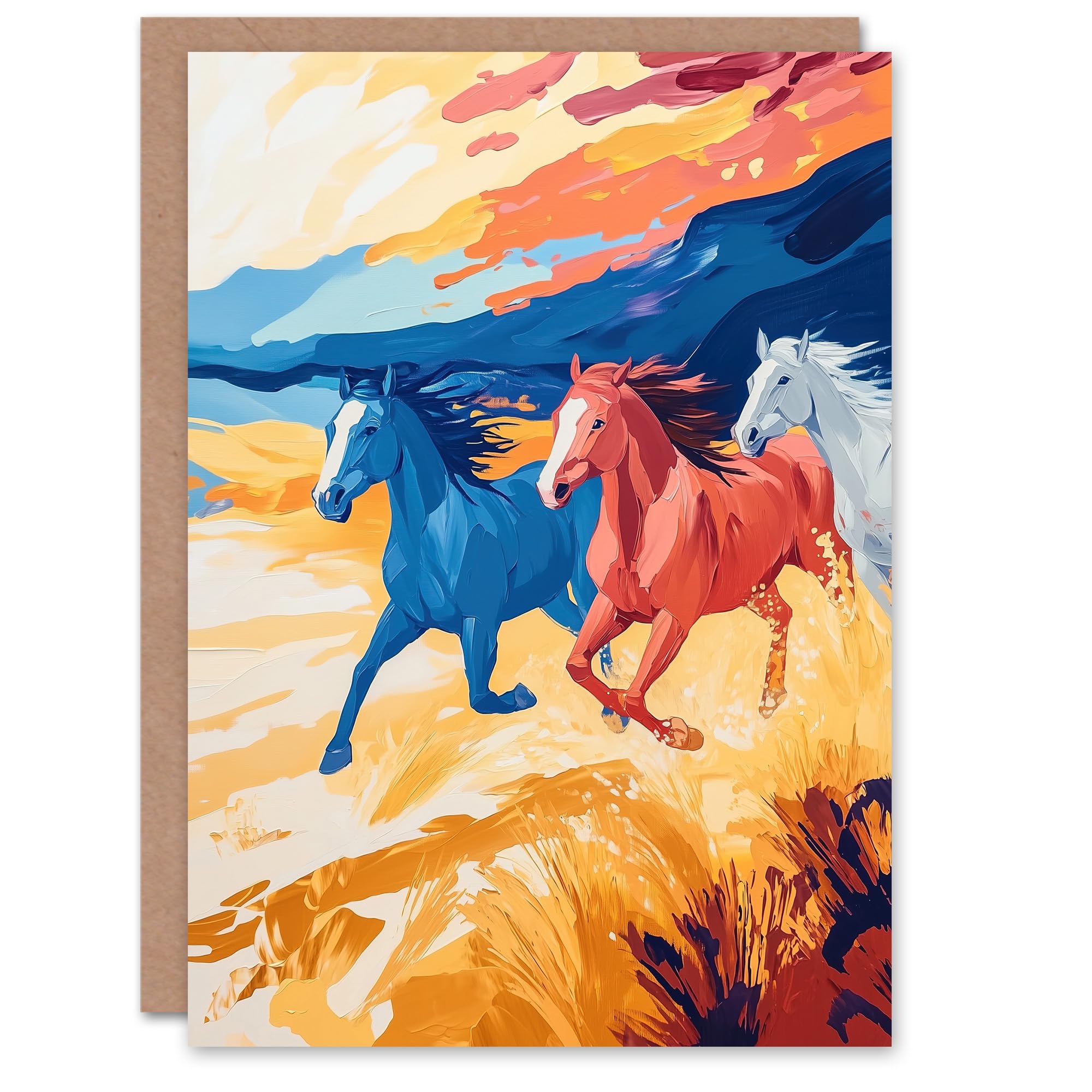 Wild Horses Running Desert Landscape Oil Painting Birthday Greeting Card