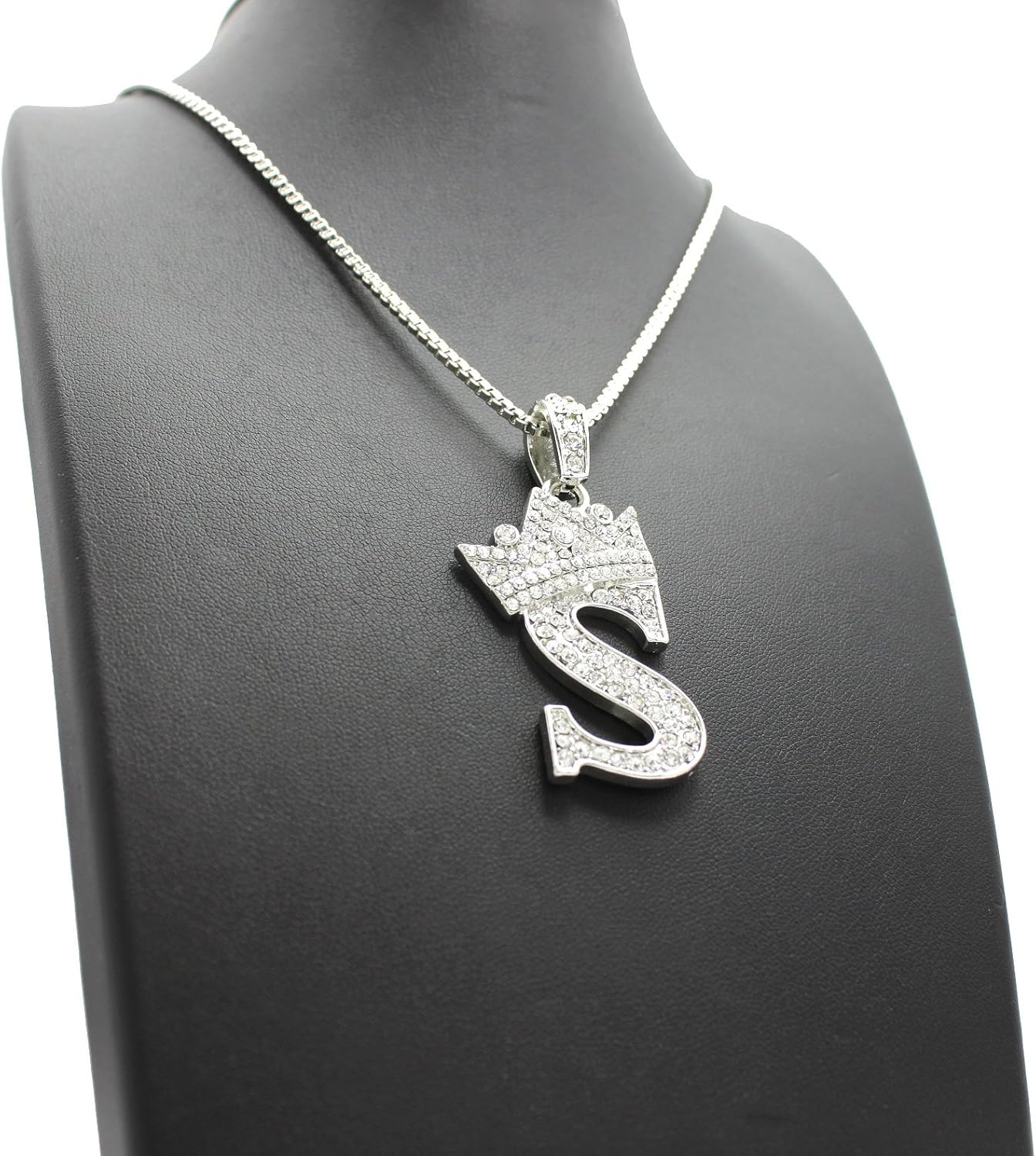 Fashion 21 Iced Out King Crown Alphabet S Pendant 24" Various Chain Necklace in Gold, Silver Tone (Silver / 2mm 24" Box Chain)