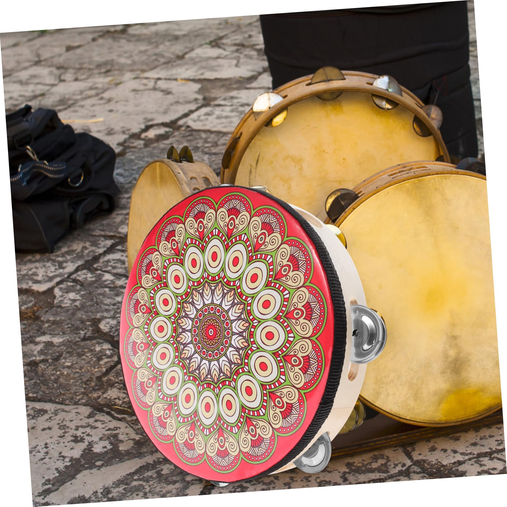 ibasenice 5pièces Tambourin Bois Avec Motifs Uniques Instrument De Percussion Pour Performances De Danse Église Et Karaoké Tambour à Main Pour Adultes