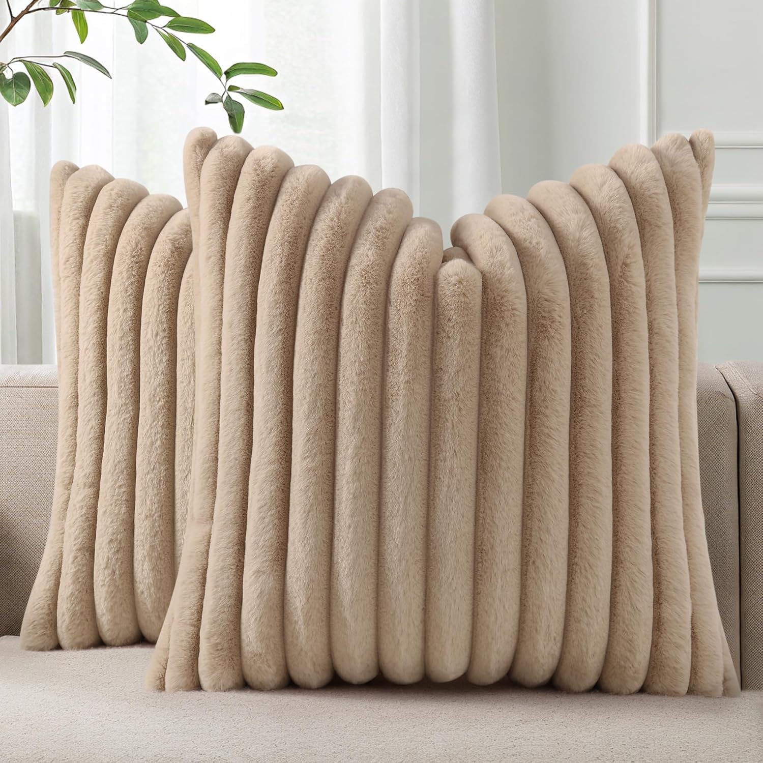 Homaxy Faux Fur Cushion Covers 50x50cm Set of 2, Khaki