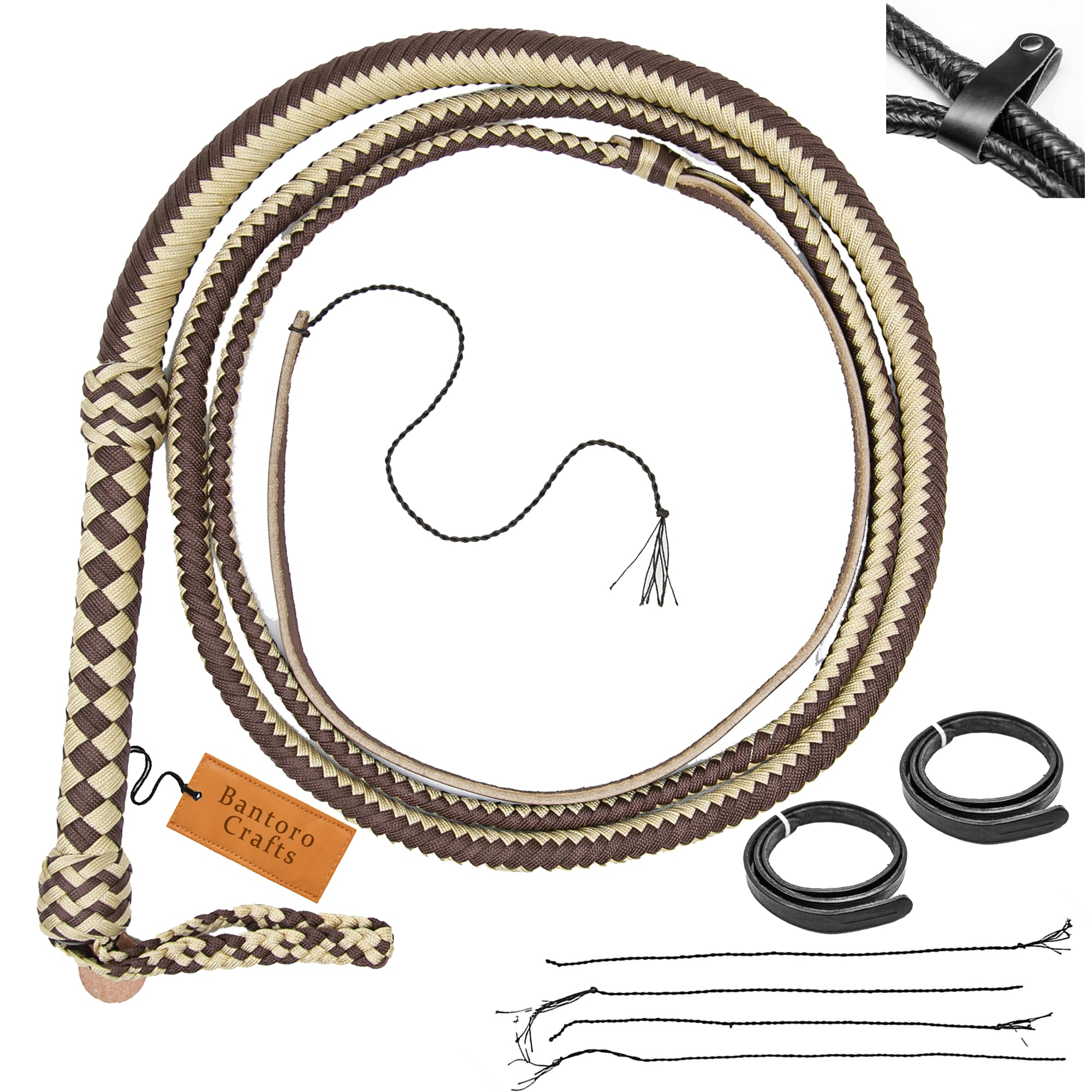 Braune und beige Paracord/Nylon-Peitsche, Bullenpeitsche, 16 Zöpfe, geflochtener Lederbauch und Lederpolster im Inneren, Laute knackende Peitsche