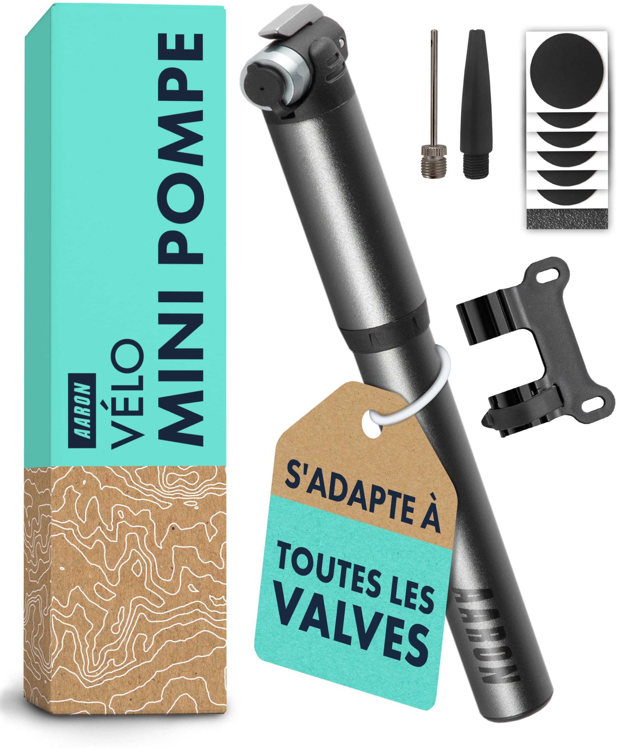AARON Pocket One Mini Pompe à vélo pour Toutes Les valves – Pompe à air compacte adaptée à Tous Les Cadres – Pompe Manuelle pour Les déplacements avec kit de gonflage Gratuit – Pompe à Roue en