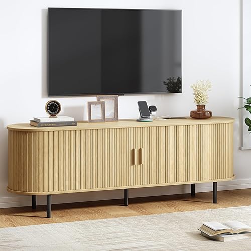 Soporte de TV de 63 pulgadas con toma de corriente, consola multimedia moderna con puertas correderas, centro de entretenimiento para televisores de