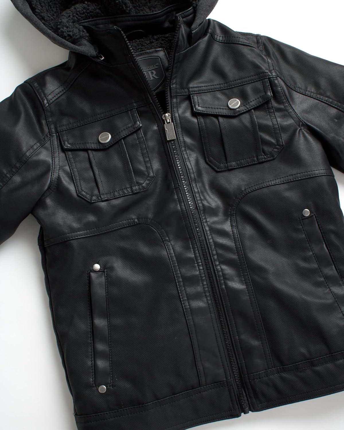 Black Faux Leather Jacket with Sherpa Lined Hood