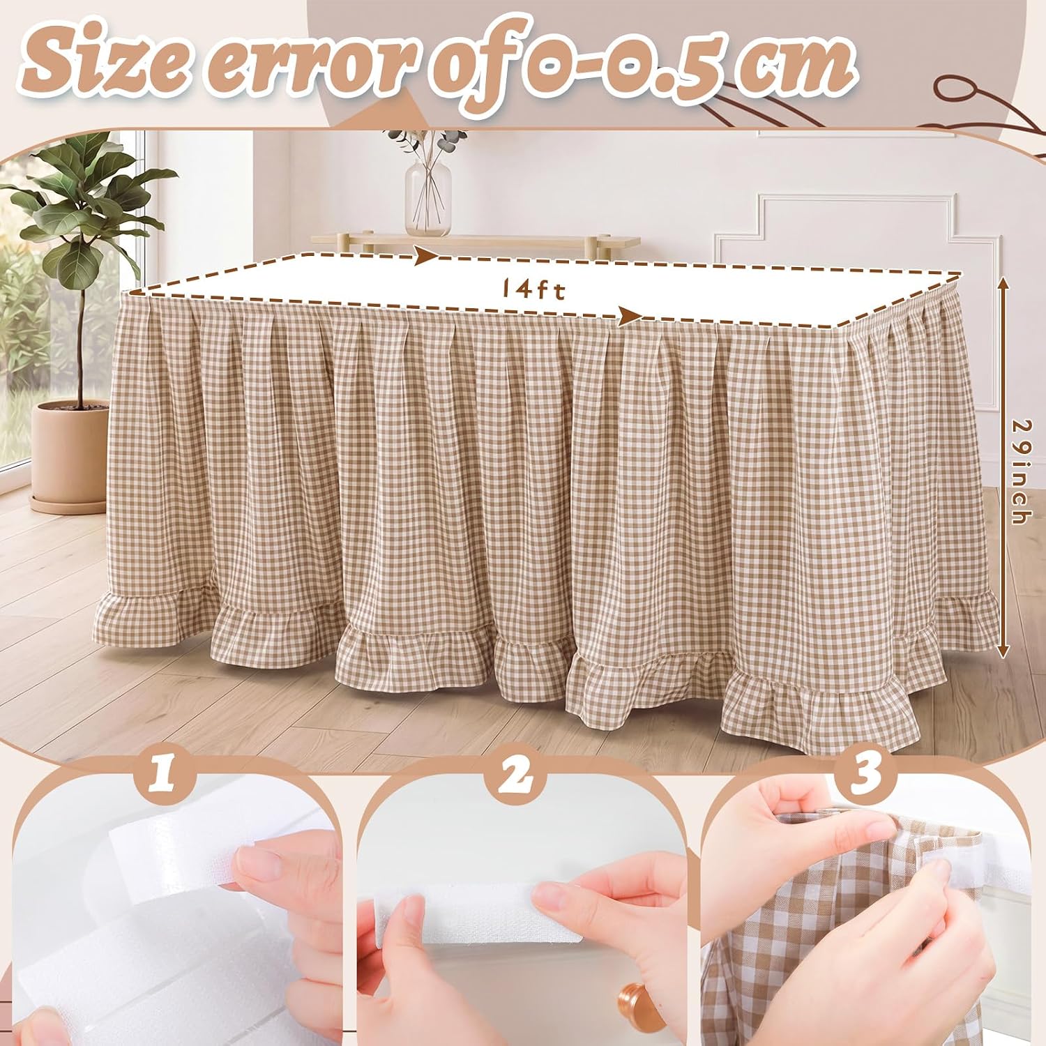 Flutesan 14 ft Brown Gingham Table Skirt for Rectangle Tables