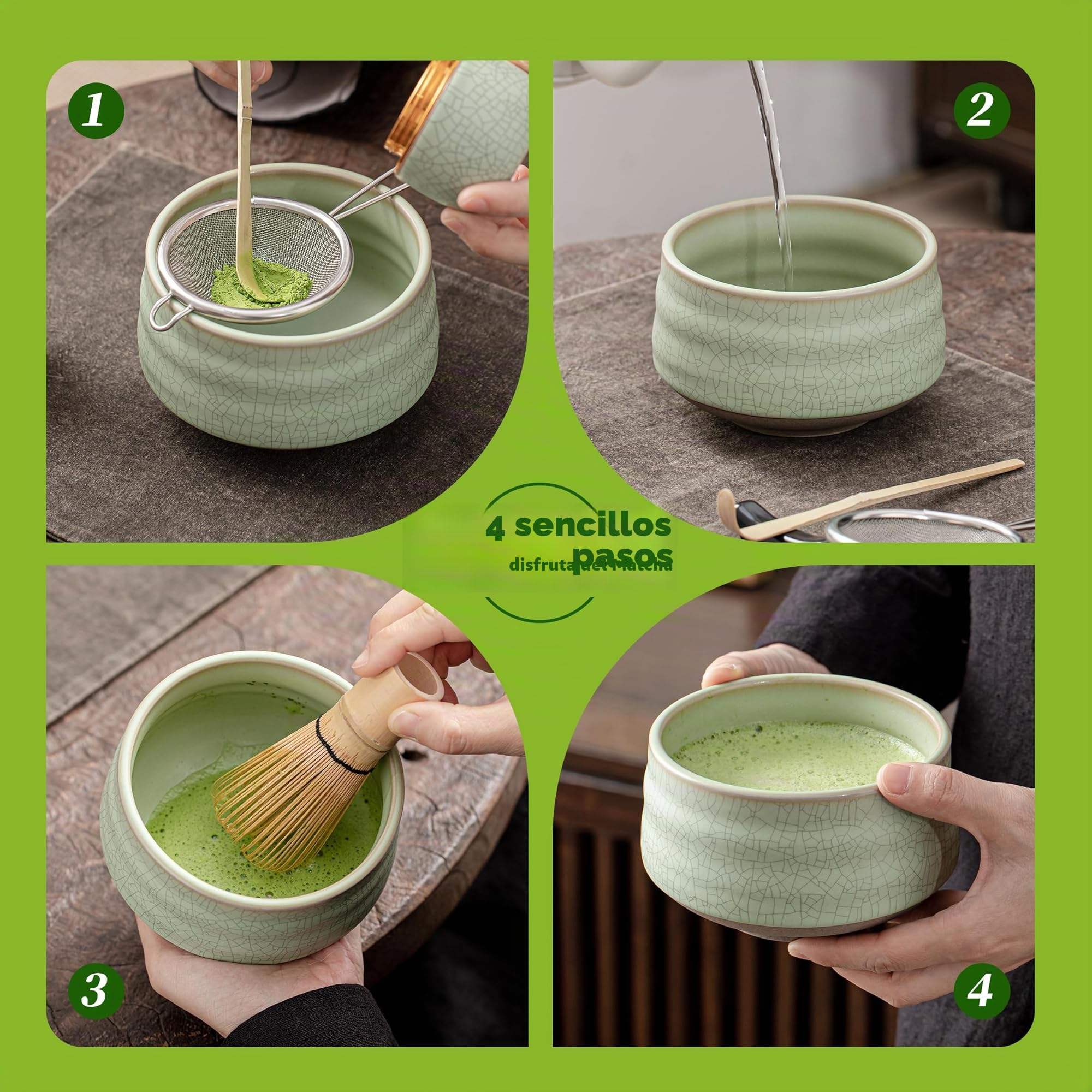 TEANAGOO Juego de té japonés, juego de batidores Matcha, cuenco batidor de bambú Matcha (chasen), pala (chashaku), soporte para batidor, O6, bandeja de té en polvo de té verde