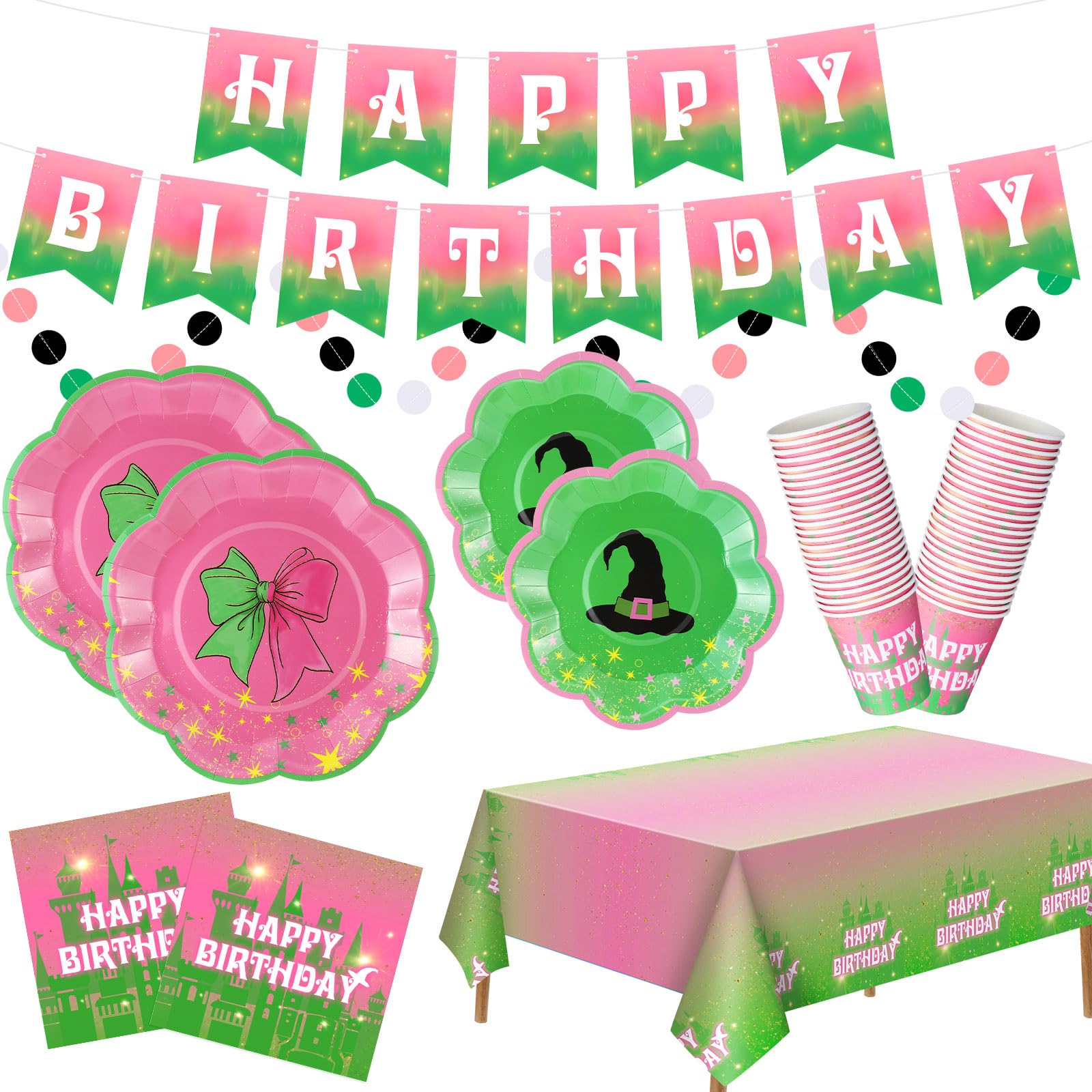 Zhehao 125 Pcs Witch Party Happy Birthday Decorations Pink and Green Tableware Set Includes Disposable Paper Birthday Plates and Napkins Cups
