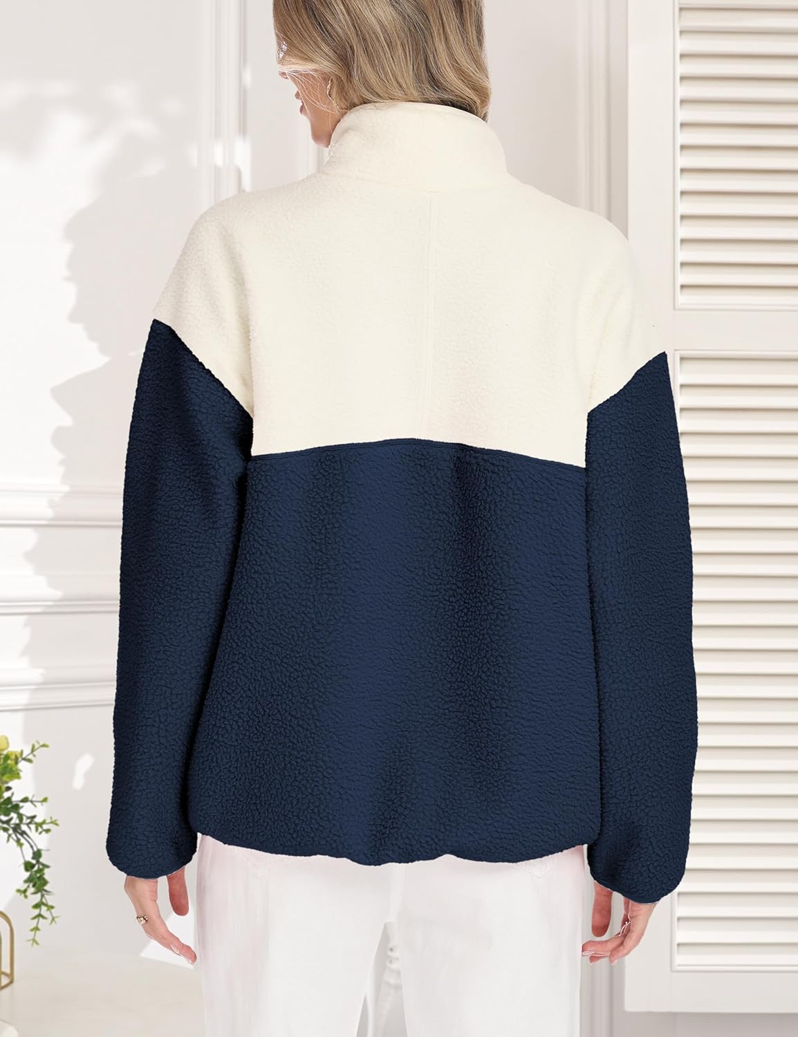 Womens Colorblock Fleece Jacket Half Zip Mockneck Sherpa Pullover Hiking Outdoor Sweatshirts with Pockets - Image 2