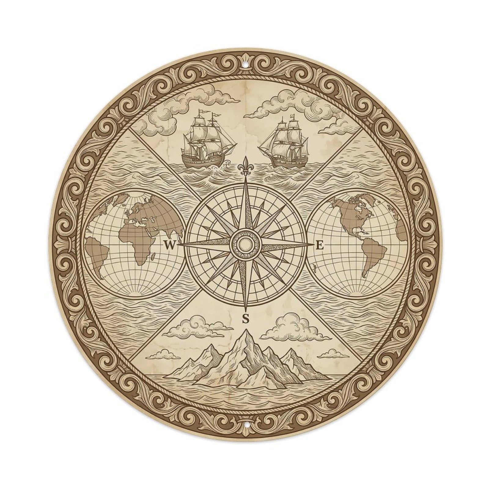 Vintage Nautical Compass World Map Channel Path Metal Tin Sign