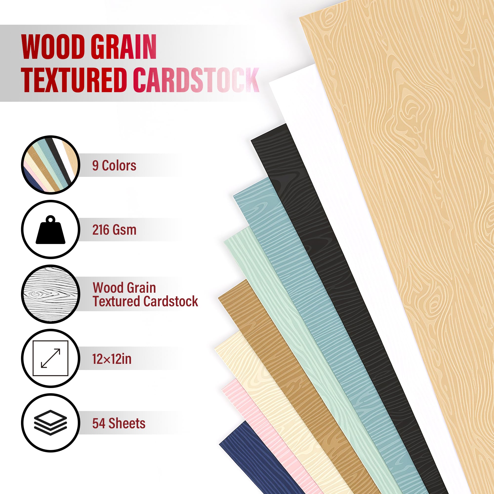 54 feuilles de papier cartonné texturé à grain de bois multicolore, 30,5 x