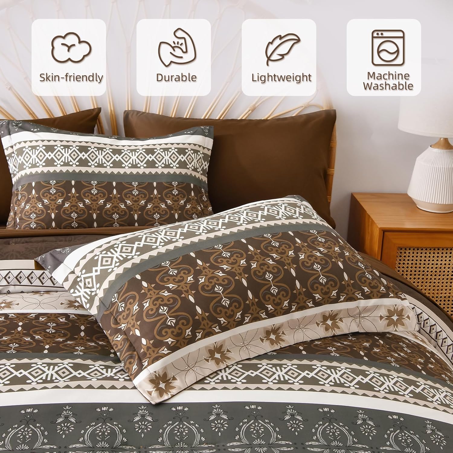 WONGS BEDDING Boho Comforter Set King, 7 Pieces Brown Comforter and Sheet Set,Bohemian Striped Floral Pattern Comforter Bedding Set,Soft Microfiber Bed in a Bag for All Season - Image 7