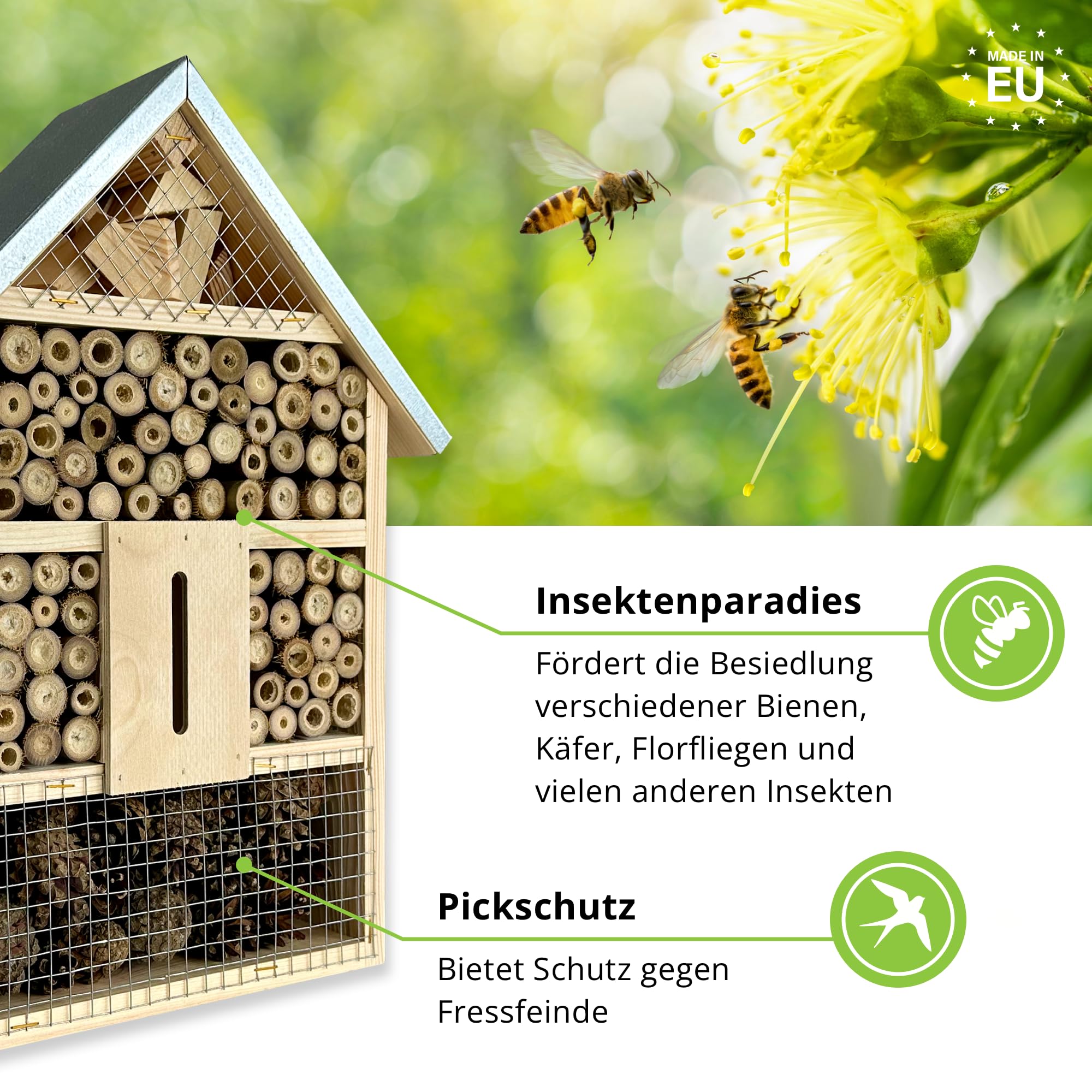 GARTENETAGE Natürliches Insektenhotel XL für Garten & Terrasse – Wetterfest, aus Naturholz, mit Bambusröhren & Tannenzapfen – Nistkasten für Wildbienen, Marienkäfer & Schmetterlinge