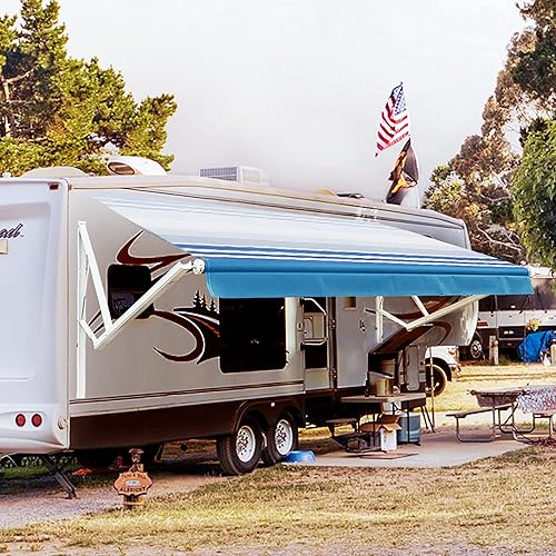Awnlux White Motorized Modular Retractable RV Awning Full Set Assemblies for RV, 5th Wheel, Travel Trailers, Toy Haulers, and Motorhome - RV Trailer Awning for Home or Camper - 15x8 Ft - Blue Strip