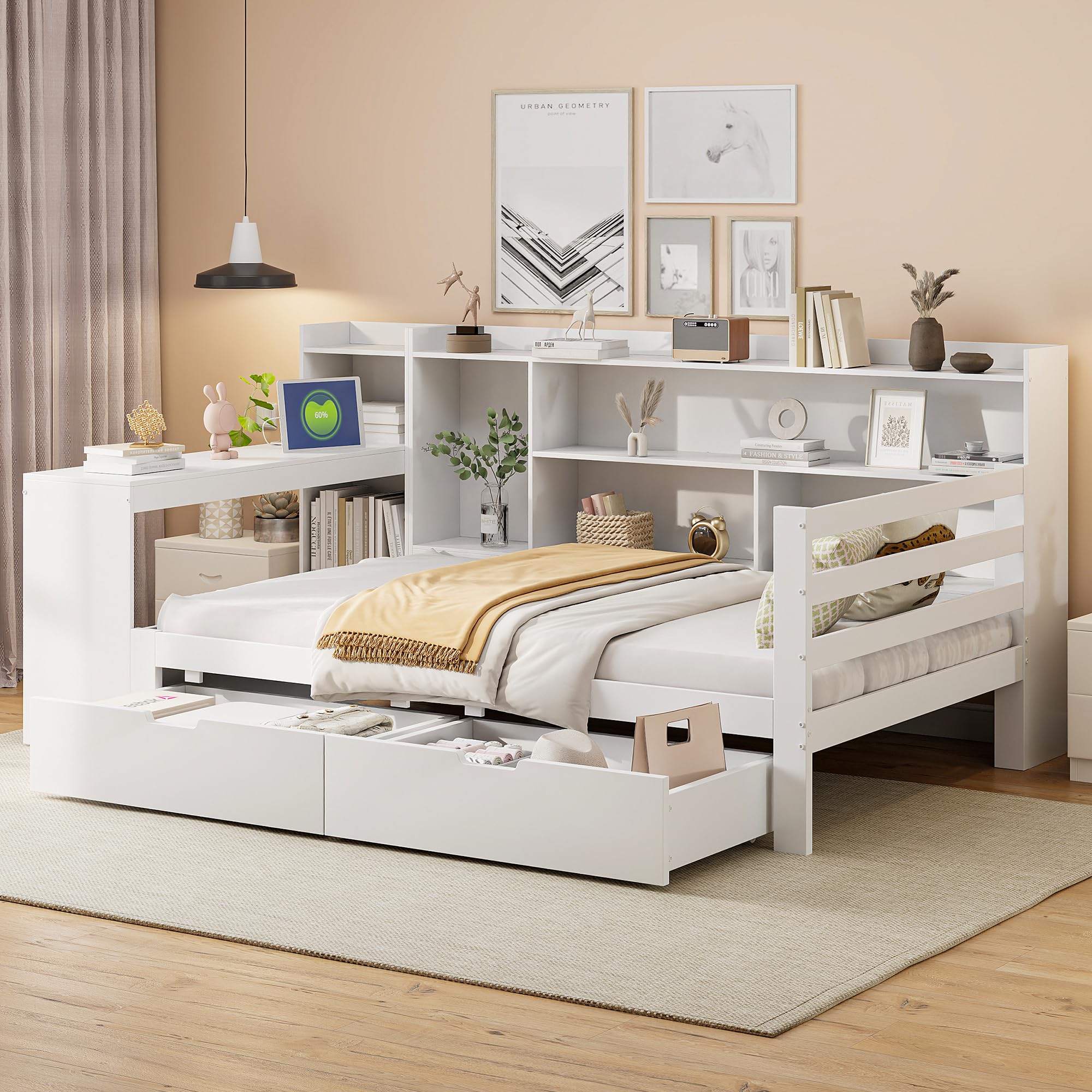 Dolamaní Letto da giorno, 90 x 200 cm, con scrivania, scaffali, ripiani e 2 grandi cassetti, letto funzionale (bianco)