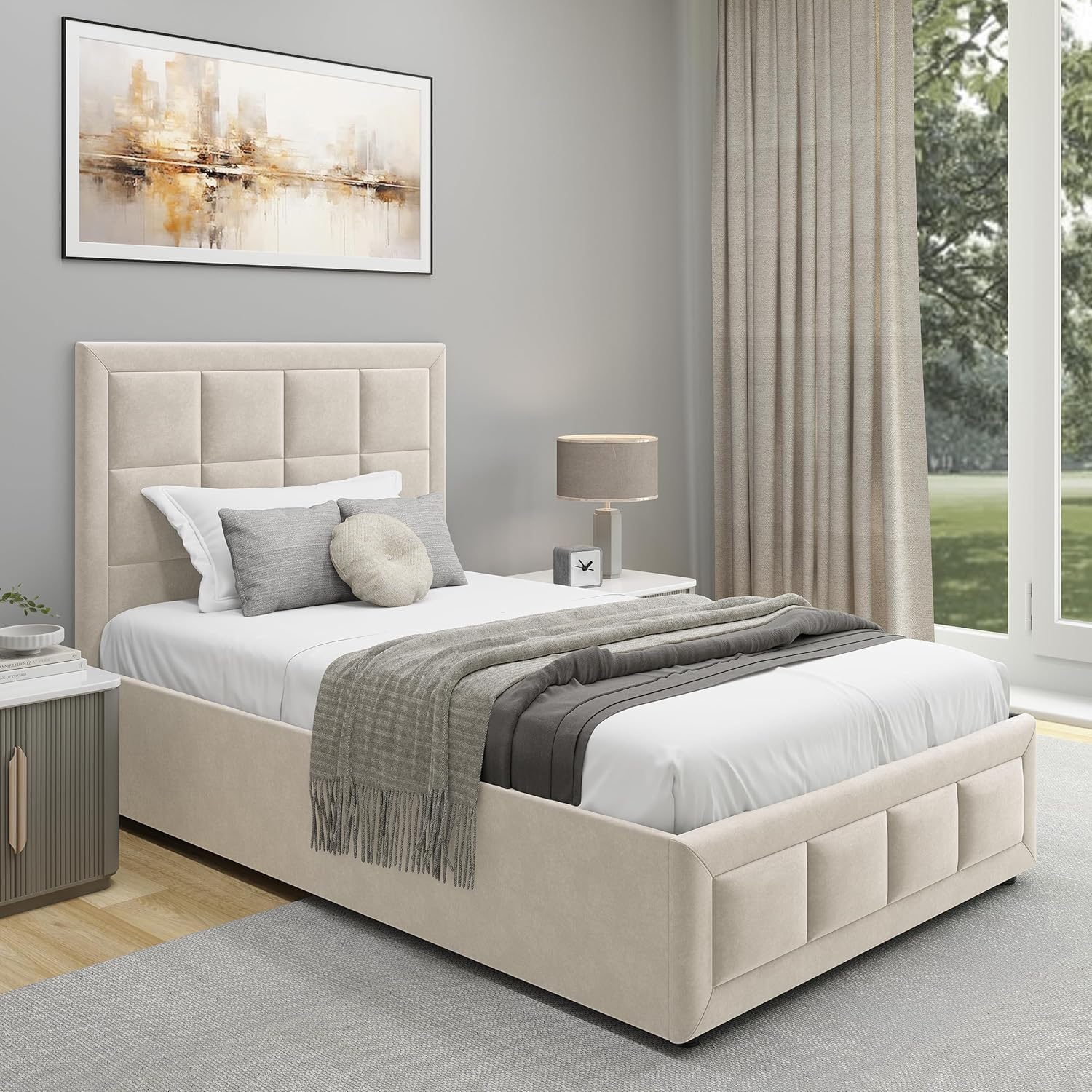 Upholstered Ottoman Bed Single Bed Frame UKFR Velvet Beige Ottoman Storage Bed With Gas Lift End Opening Wooden Slats With Storage Bed (3ft Single 90 x 190, No Mattress)
