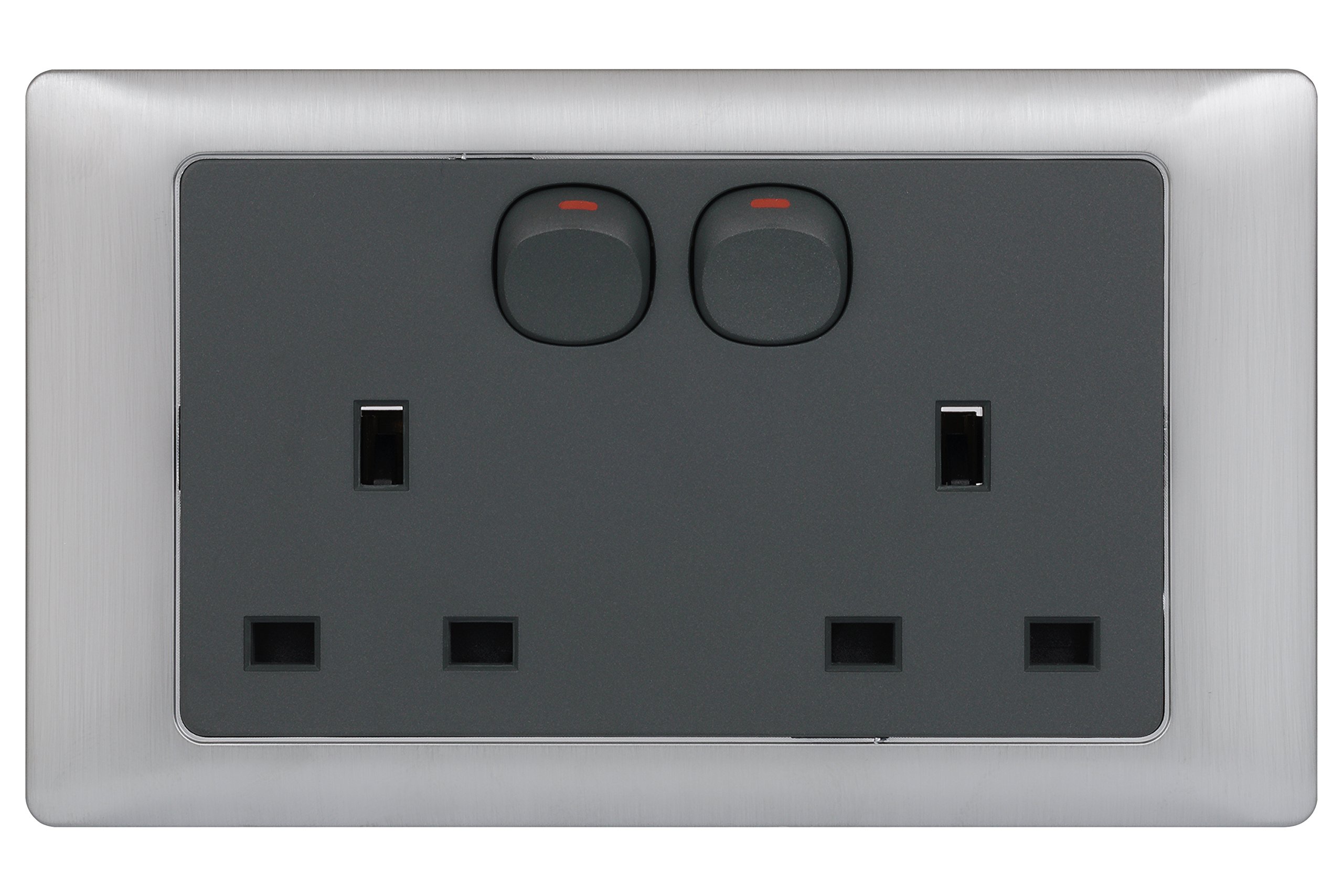 Schneider Electric Rocca - Screwless Switched Double Power Socket with Neon Indicator, Single Pole, GGBGRME3020R, Mercury Silver with Grey Interior