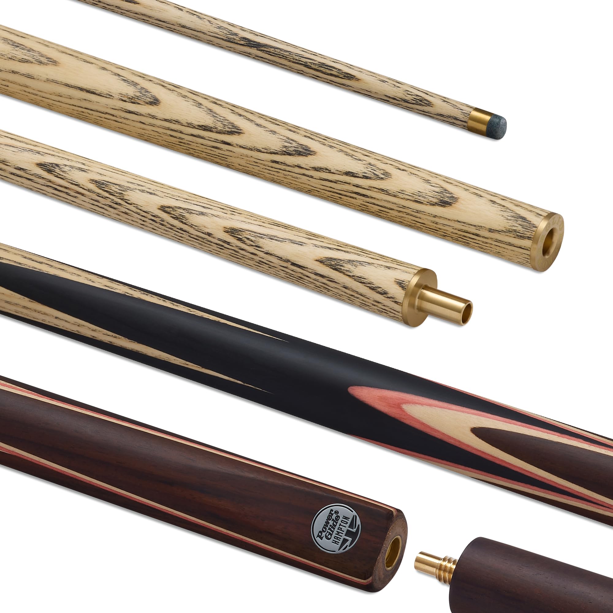 POWERGLIDE Hampton 2 Piece Snooker Cue – Ash Shaft, Hand Spliced Rosewood Butt, Multi Veneer Design, Brass Joint, Pro Tip, 6” Extension – Stylish Performance Cue for Competitive Players