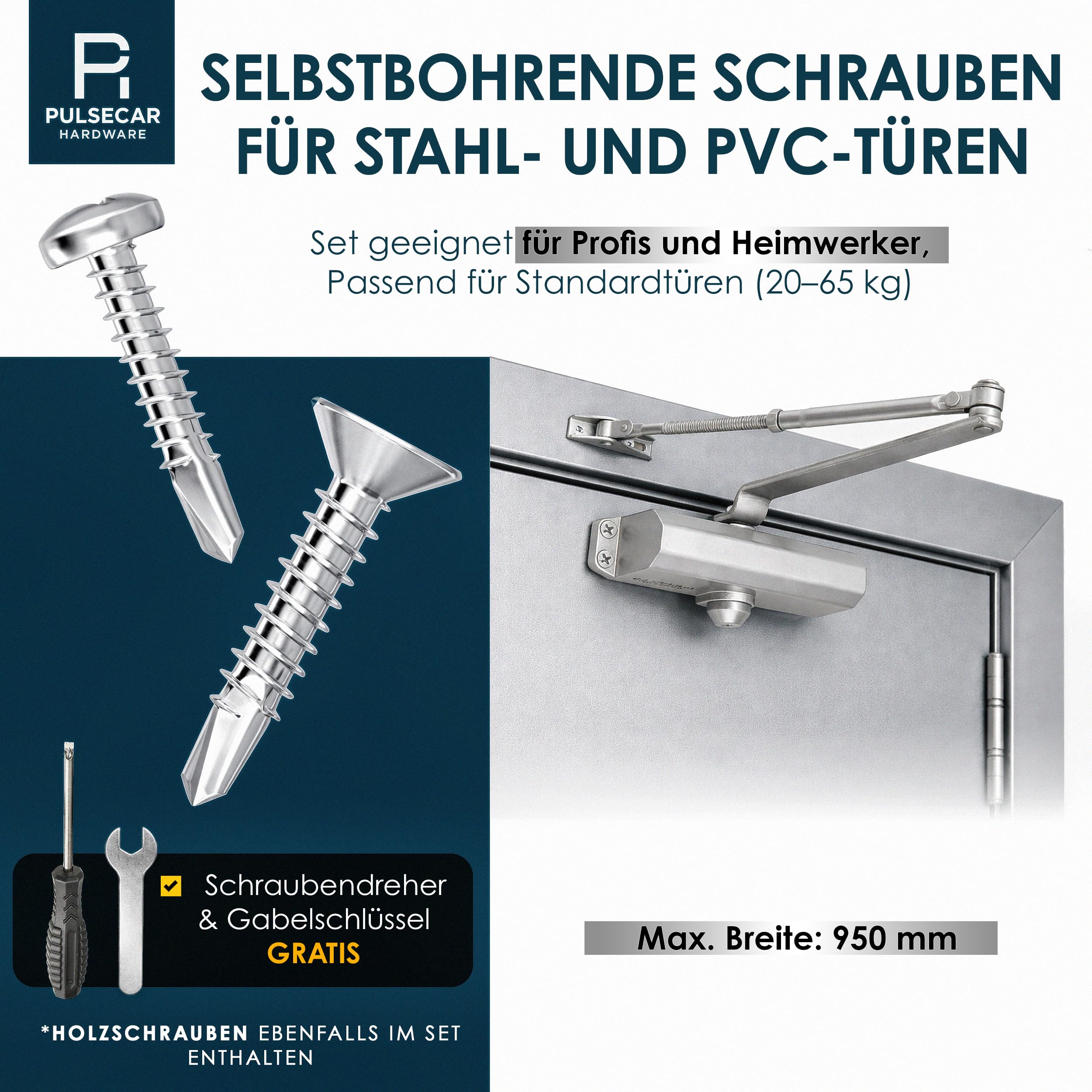Türschließer nach EN 1154 & EN 1634-1 – Selbstbohrende Schrauben – Leise, einstellbare Schließkraft Einfache & schnelle Montage – Für Türen bis 65 kg, Größe 3 – Gewerbe & Privat (2, Silber)