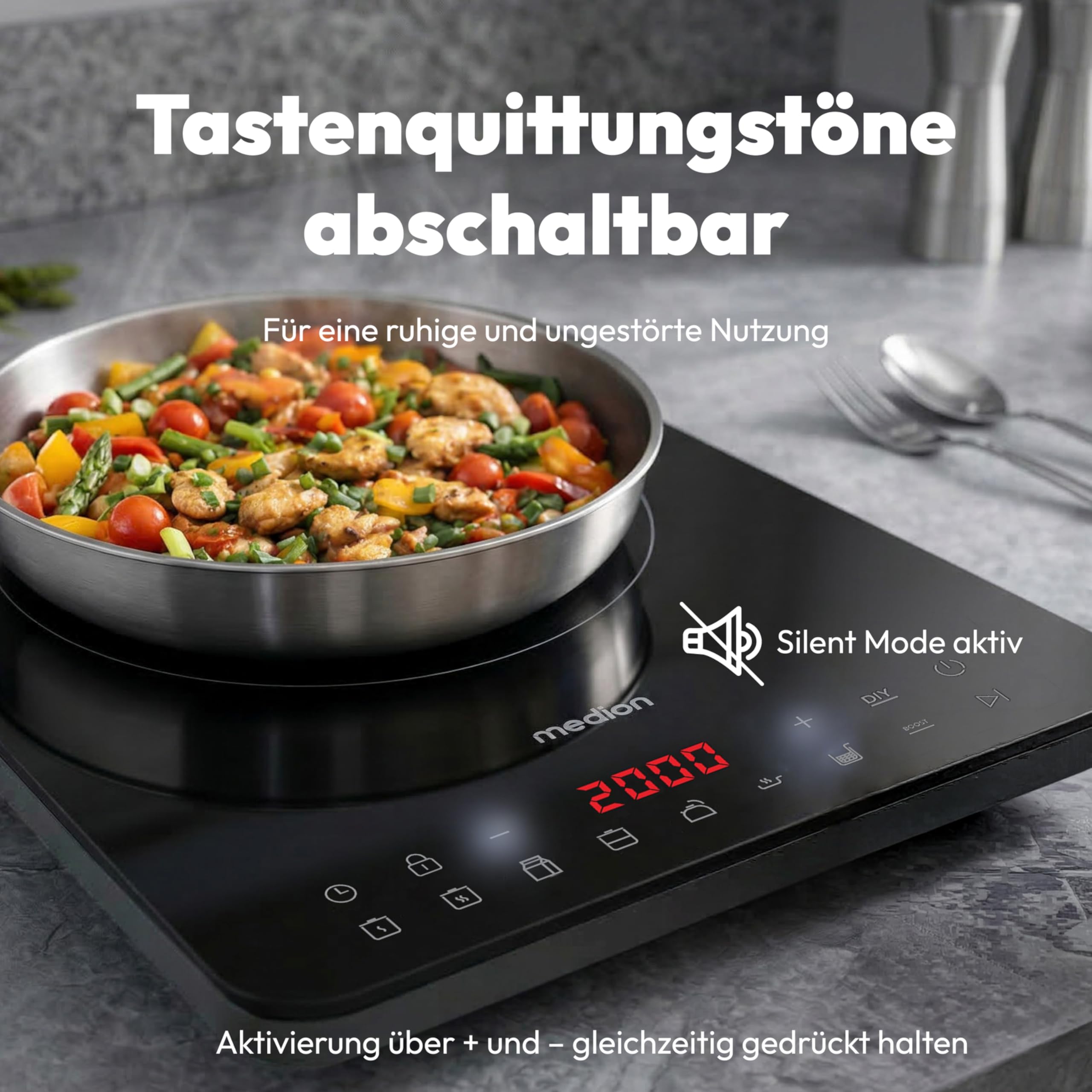 MEDION IC10S Induktionskochplatte, 1 Platte Induktionskochfeld, extra flach, 2100 Watt, 1 Kochplatte, 8 Automatikprogramme und DIY, LED Display, Touchbedienung, Kristallglas-Oberfläche