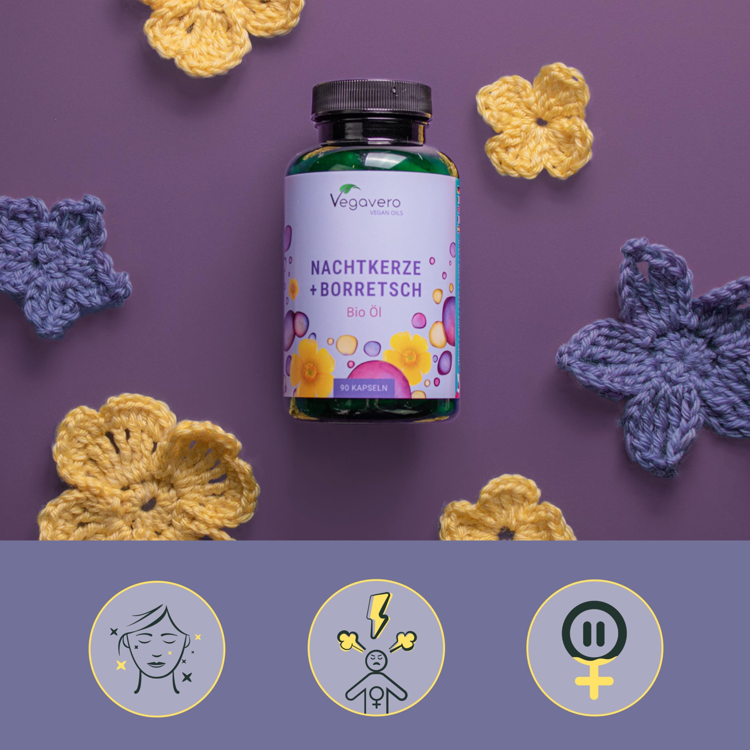 Evening Primrose Oil Vegavero | El único Vegano & Orgánico | Aceite de Onagra Y Borraja | Acné + Psoriasis + Eczema | Con Omega 6 | Prensado en Frío | Sin Aditivos | Onagra 500 mg | 90 Perlas