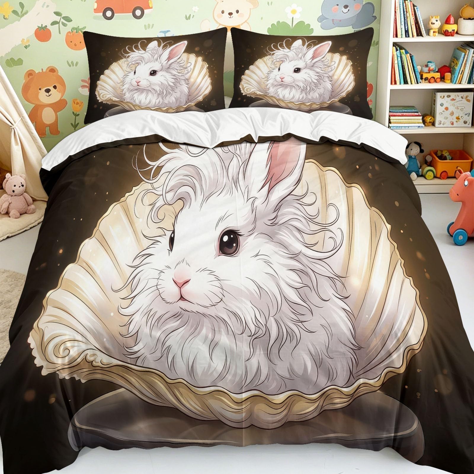 3-częściowy komplet pościeli z białym króliczkiem, 240 x 220 cm, z poszewką na kołdrę i 2 poszewkami na poduszkę 80 x 80 cm, kolor beżowy