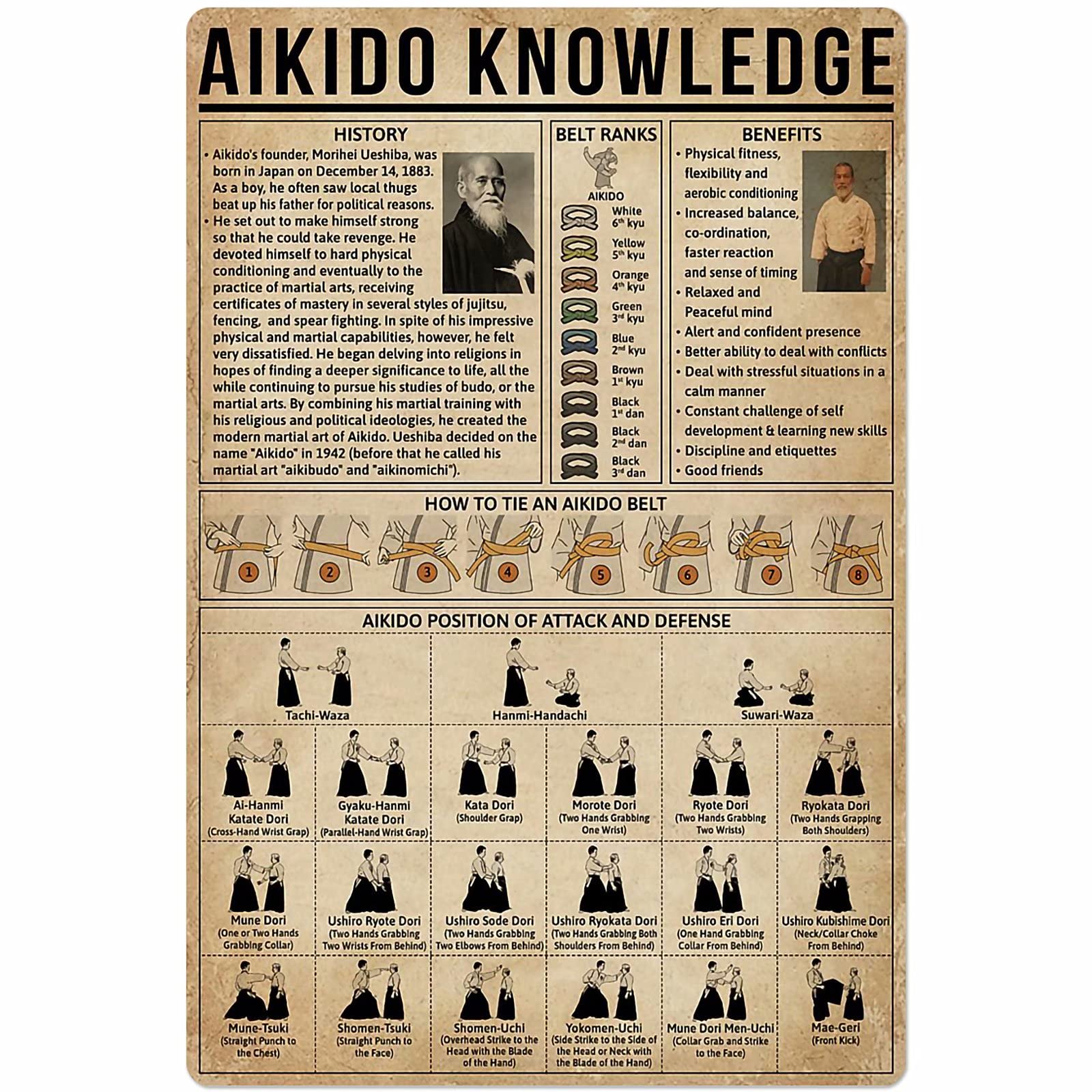 Lsjuee Aikido Knowledge Metal Tin Signage Origin Guide Poster Martial Arts Gym Club School Home Wall Decoration Plaque 12x8 Inches