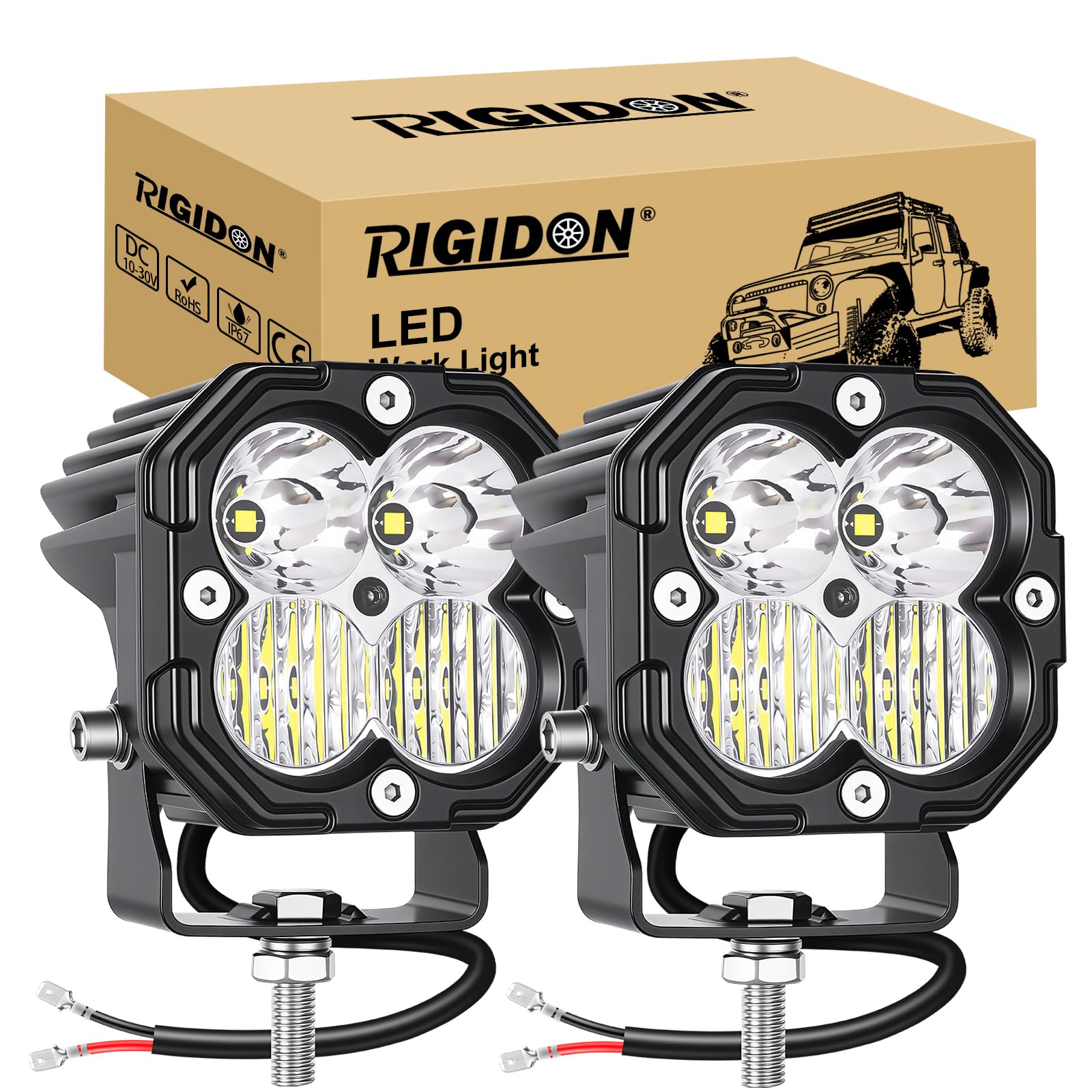 RIGIDON 2 x Mini Faro da Lavoro Led, 3 Pollici 30W 3000LM, Flood Spot Luci, Fari di Profondità, Faretti Per Fuoristrada Auto Trattore Escavatore Camion ATV 4x4, motociclette, 12V 24V 6000K Bianco