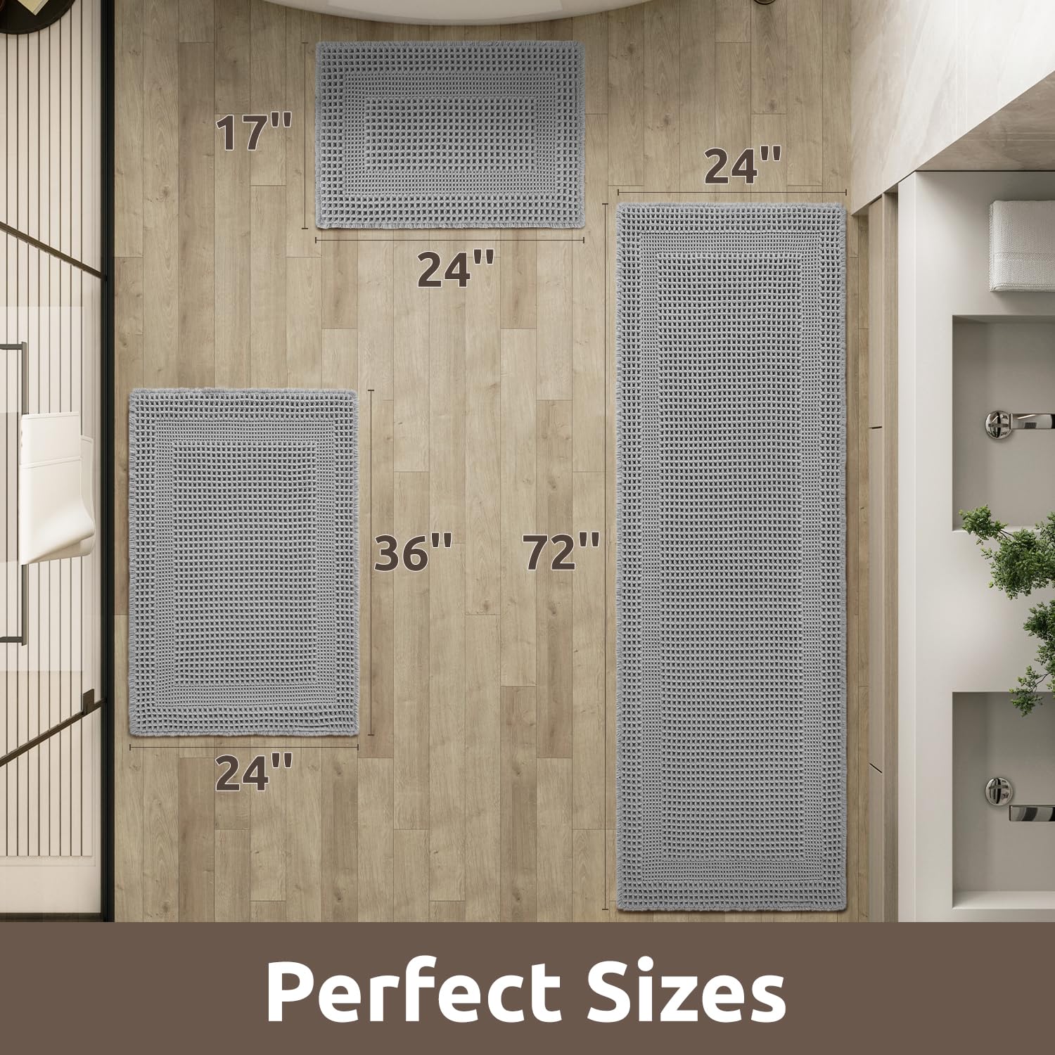 AMOAMI Tapetes de baño absorbentes para baño, antideslizantes, lavables a máquina, con borlas, ultrasuaves, bohemias, para el suelo del baño, 43 x 61 cm, color gris