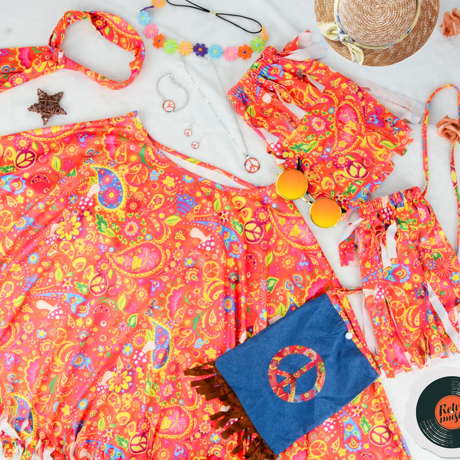 Hippie Kostüm Damen Set, Faschingskostüme Damen, 70er Jahre Outfit Damen mit Hippie Umhang, Bunter Umhängetasche, Sonnenbrille, 60er 70er Jahre Disko Kostüm Kleidung für Karneval Party