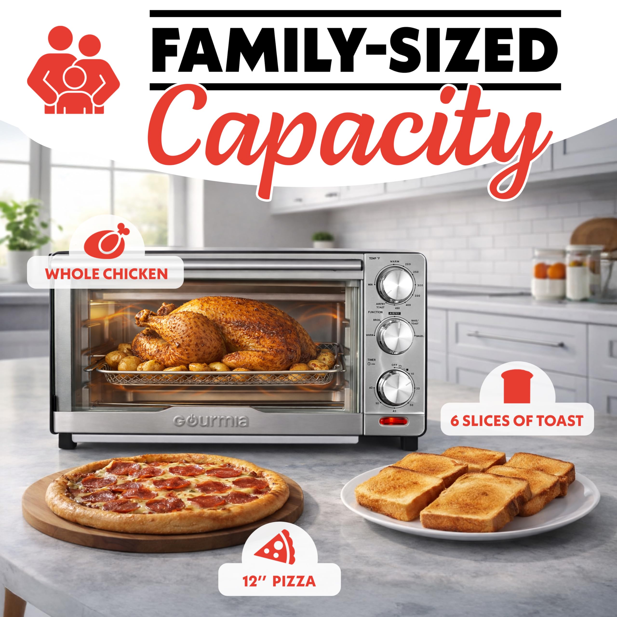 Gourmia Combinazione tostapane friggitrice ad aria, 6 in 1, multifunzione, temperatura e timer regolabili, cestello per friggere, teglia, griglia per forno e vassoio raccogli briciole estraibile, in