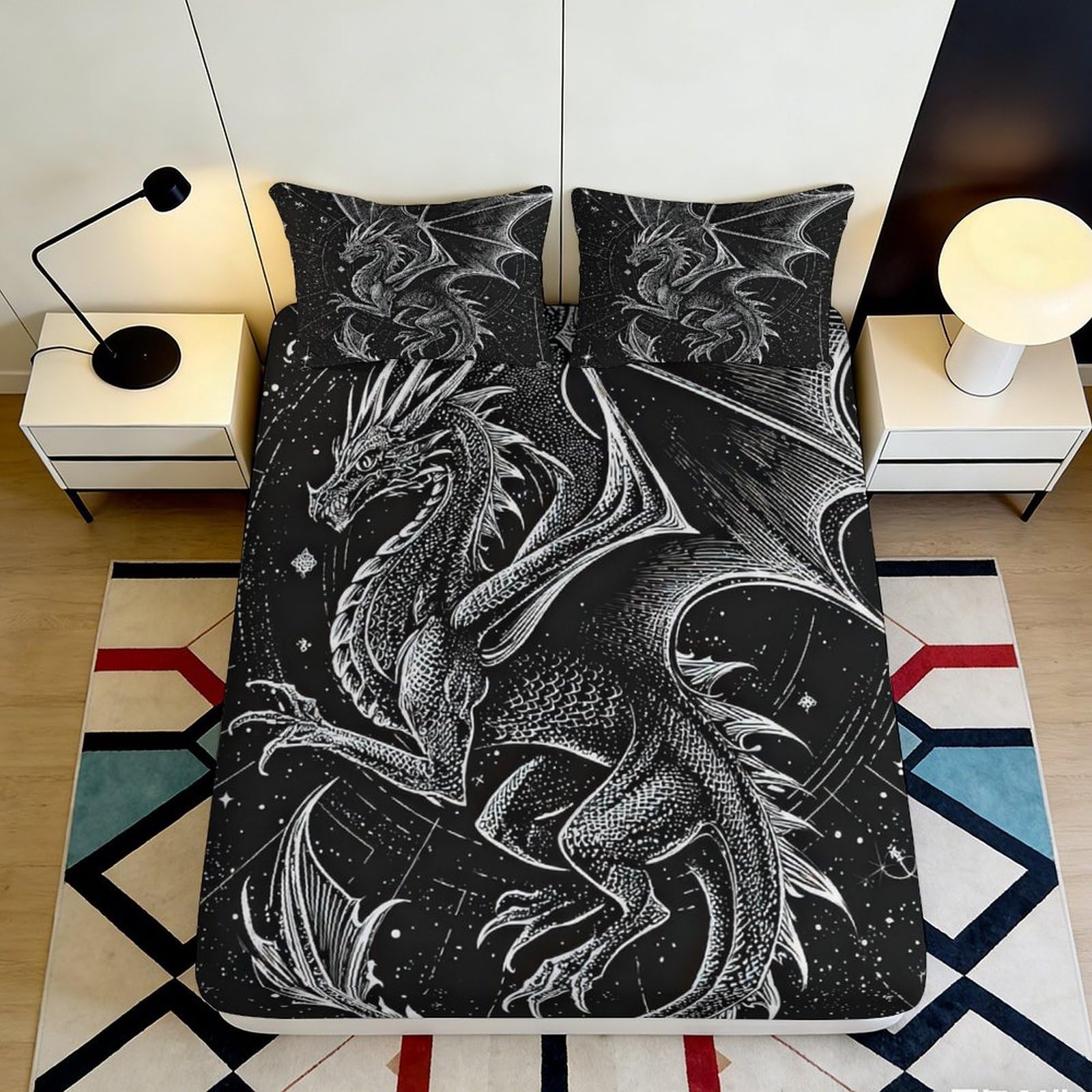 3D Printed Black Dragon Fitted Sheet Microfiber Slip Resistant Gothic Tattoo Bed Cover for Bedroom Guestroom Decor 90x200x25cm