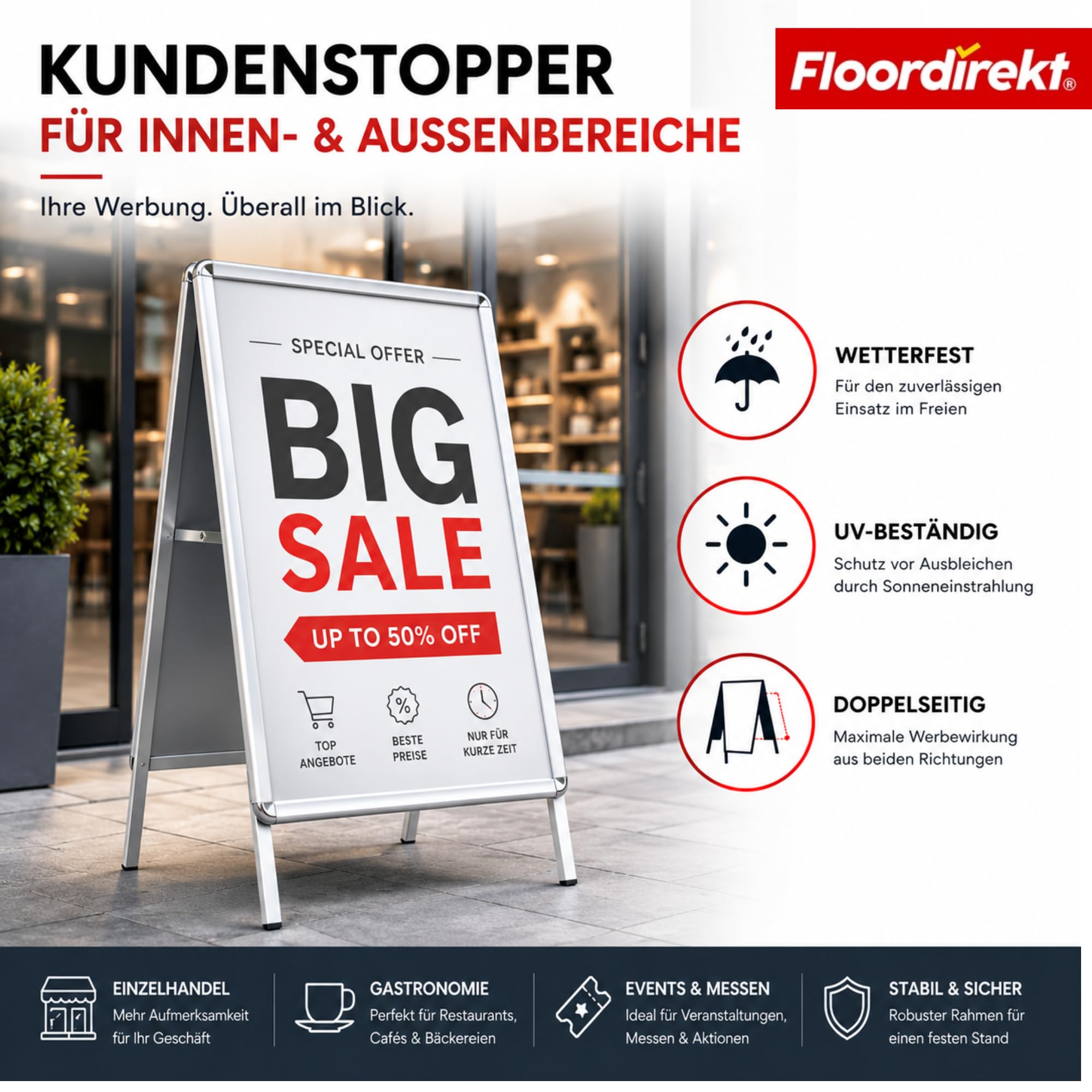 Floordirekt Kundenstopper DIN A1 - beidseitig für 2 Plakate mit Alu Rahmen 25mm - inklusive Schutzfolie - wetterfester Plakatständer - Gehwegaufsteller Werbetafel