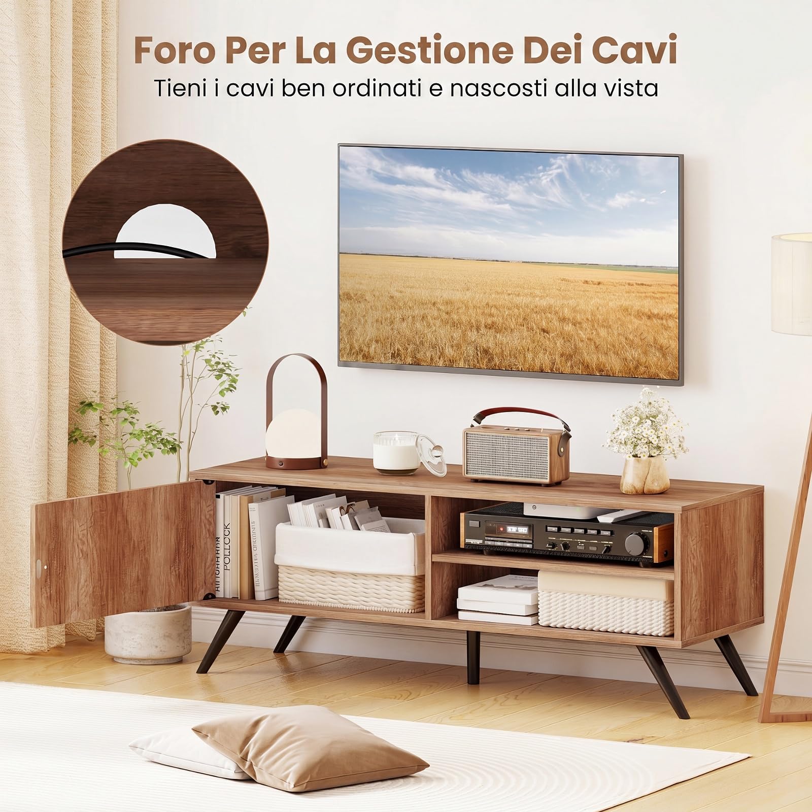COSTWAY Mobile Porta TV in Legno, Fino a 55 Pollici, Mobile TV Soggiorno | Stand Videogiochi e DVD con 1 Anta, 2 Scomparti e Passacavi, per Camera da Letto, Soggiorno, 120 x 40 x 44,5 cm