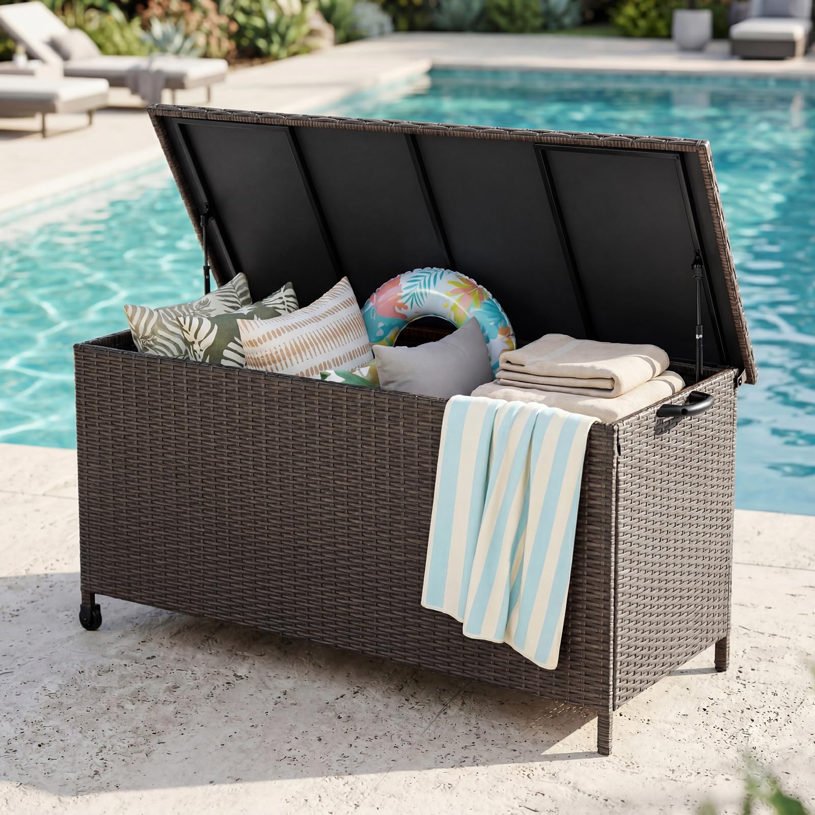 Grand patio Rattan Auflagenbox 480 Liter Gartenbox mit Deckel und Gasdruckfedern, UV-beständig Aufbewahrungskiste mit Zwei Radern, Leicht Bewegen, Kissenbox für Garten, Balkon