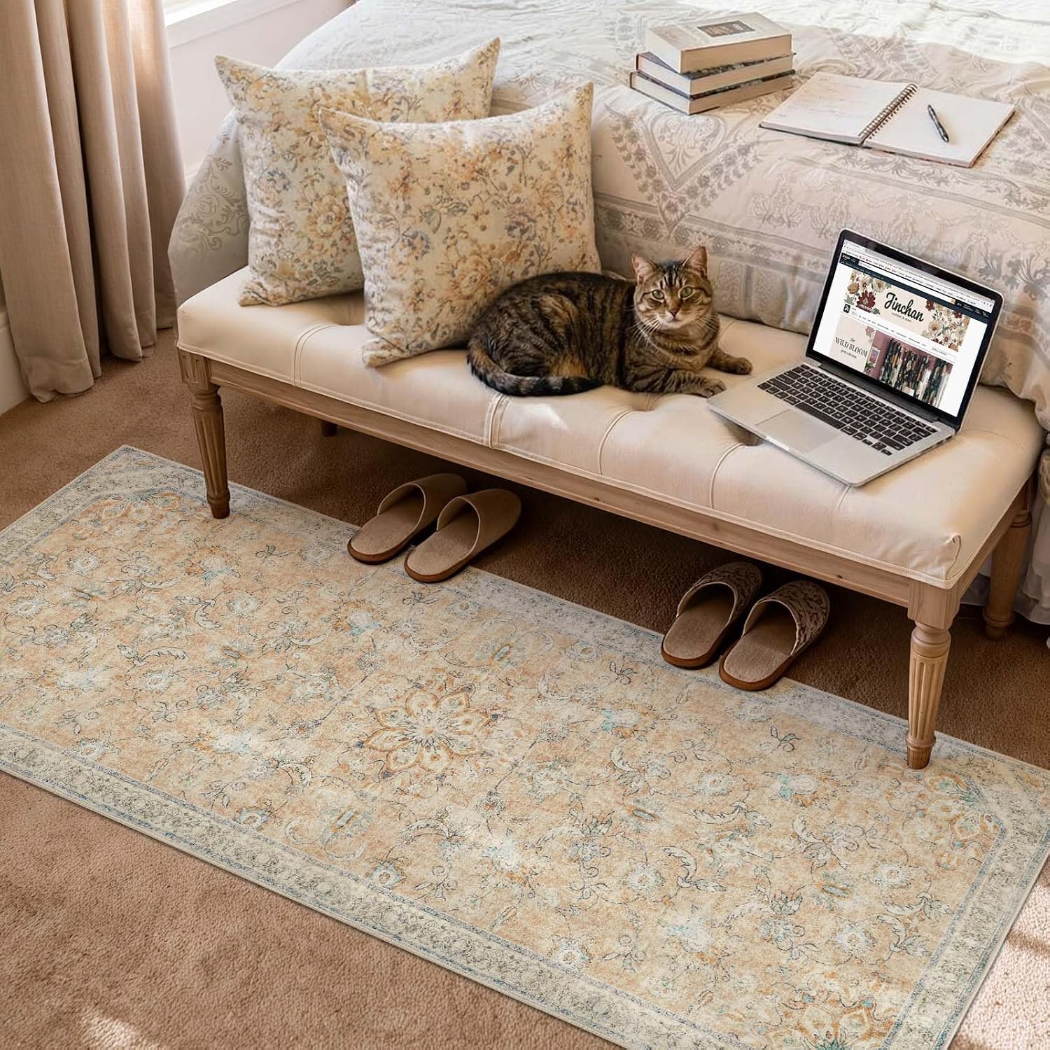 jinchan 2x5 Vintage Runner Rug for Hallway Washable Kitchen Runner Floral Distressed Design Non Slip Thin Indoor Floor Cover Low-Profile Throw Carpet for Entryway Bathroom Bedroom Porch, Pink
